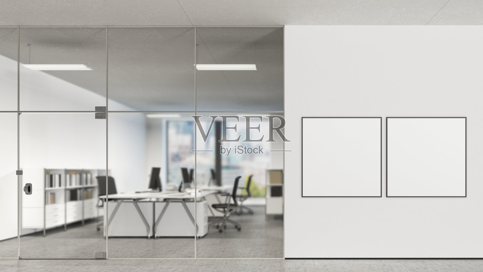 现代办公室墙上的空白海报照片摄影图片