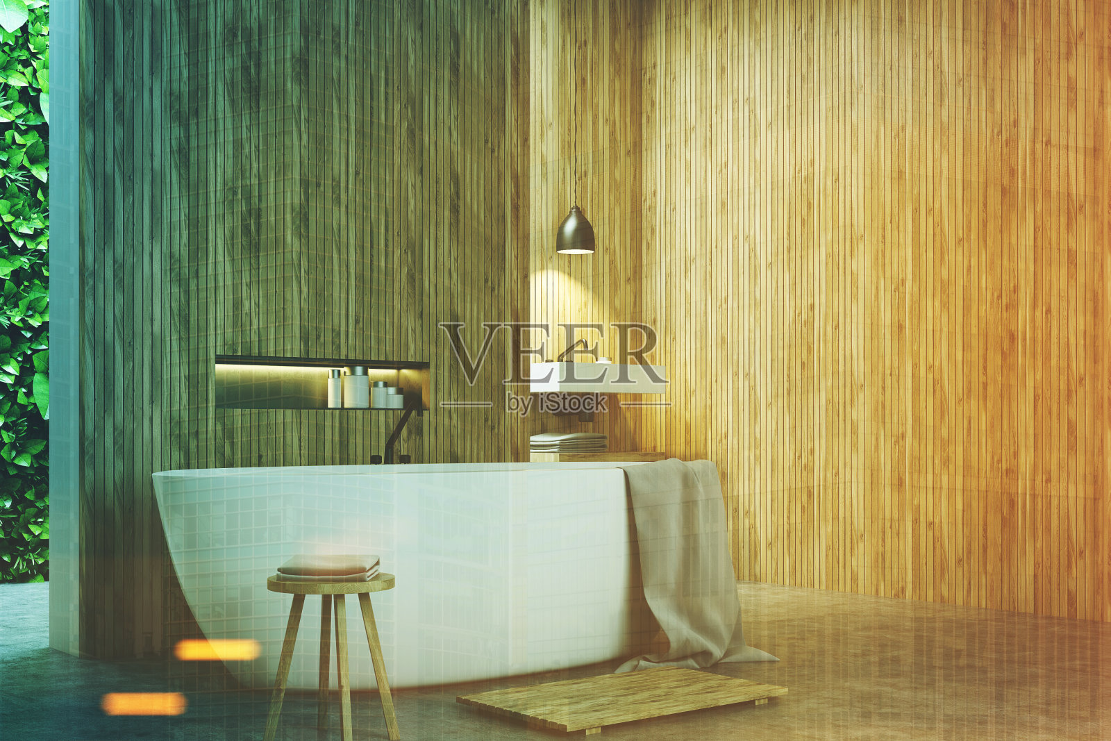 生态浴室一角，一个水池和木材色调照片摄影图片