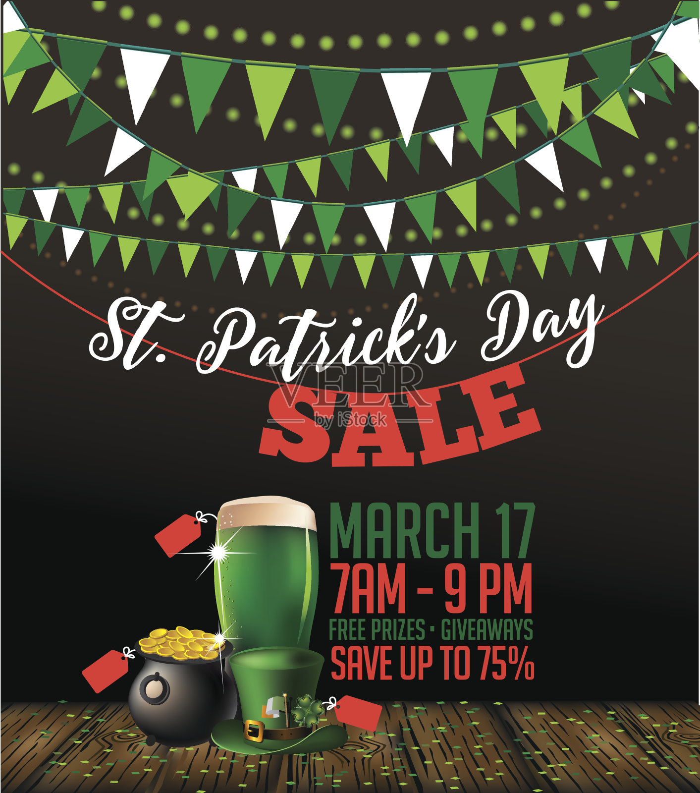 圣帕特里克节大减价彩旗和灯光背景插画图片素材
