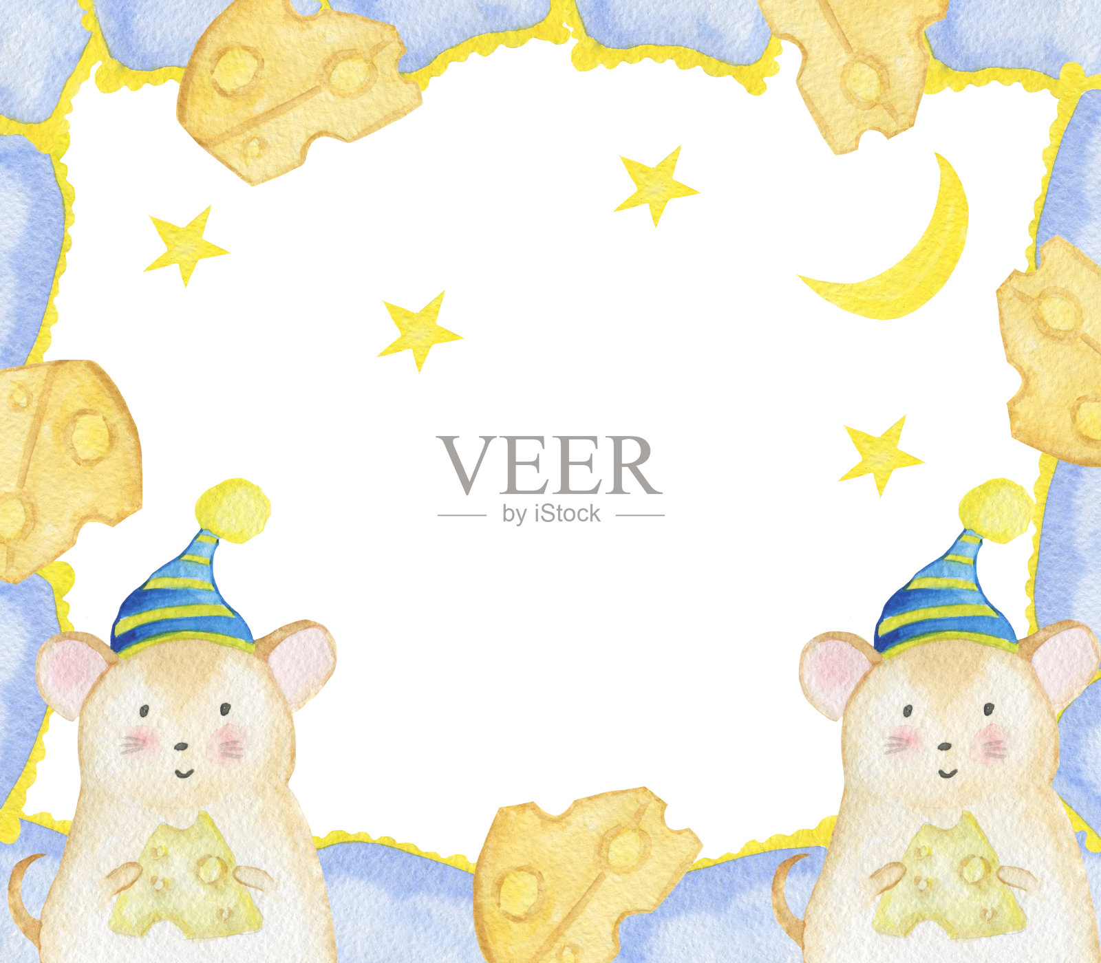 用手绘水彩做成的框架，可爱的老鼠戴着睡帽插画图片素材