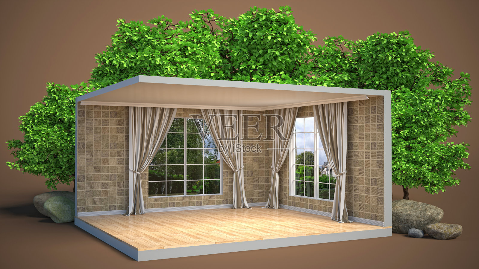 内部有大窗户。三维演示照片摄影图片