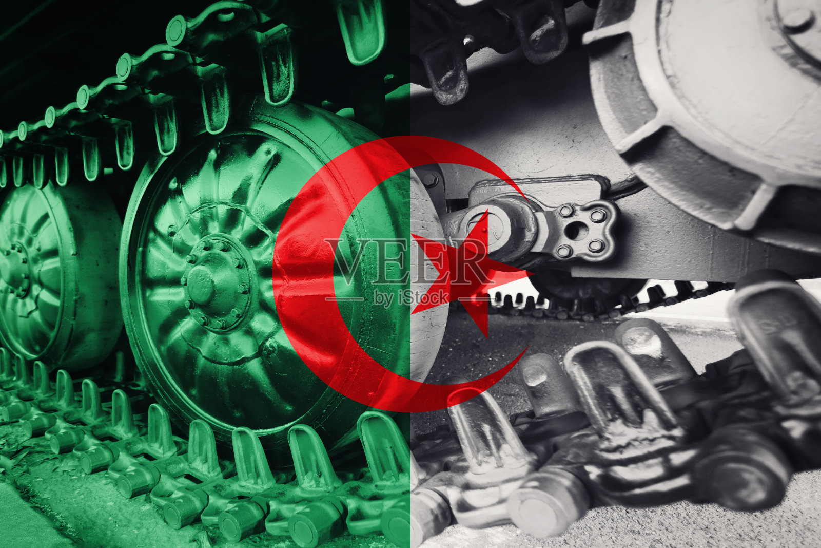 军用坦克特写履带与阿尔及利亚国旗背景。照片摄影图片