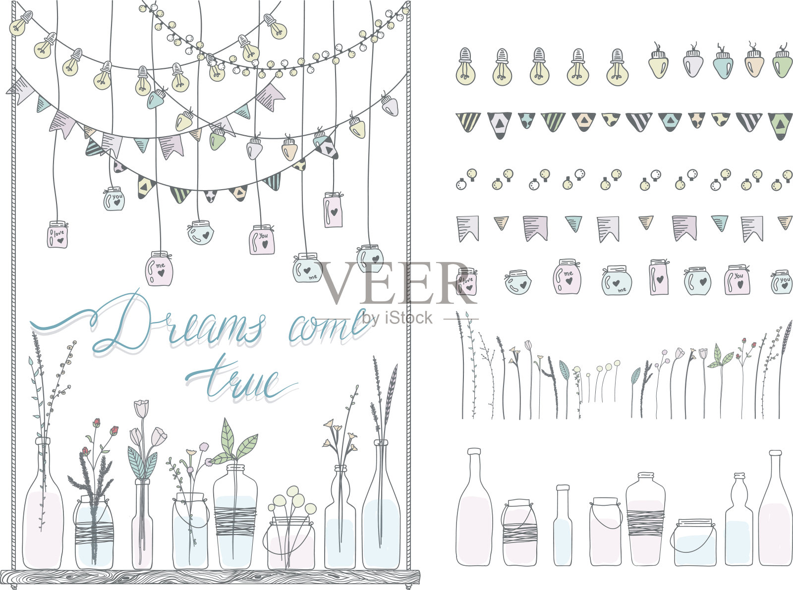 一套边界，花环，罐子，瓶子，花，旗帜，灯插画图片素材
