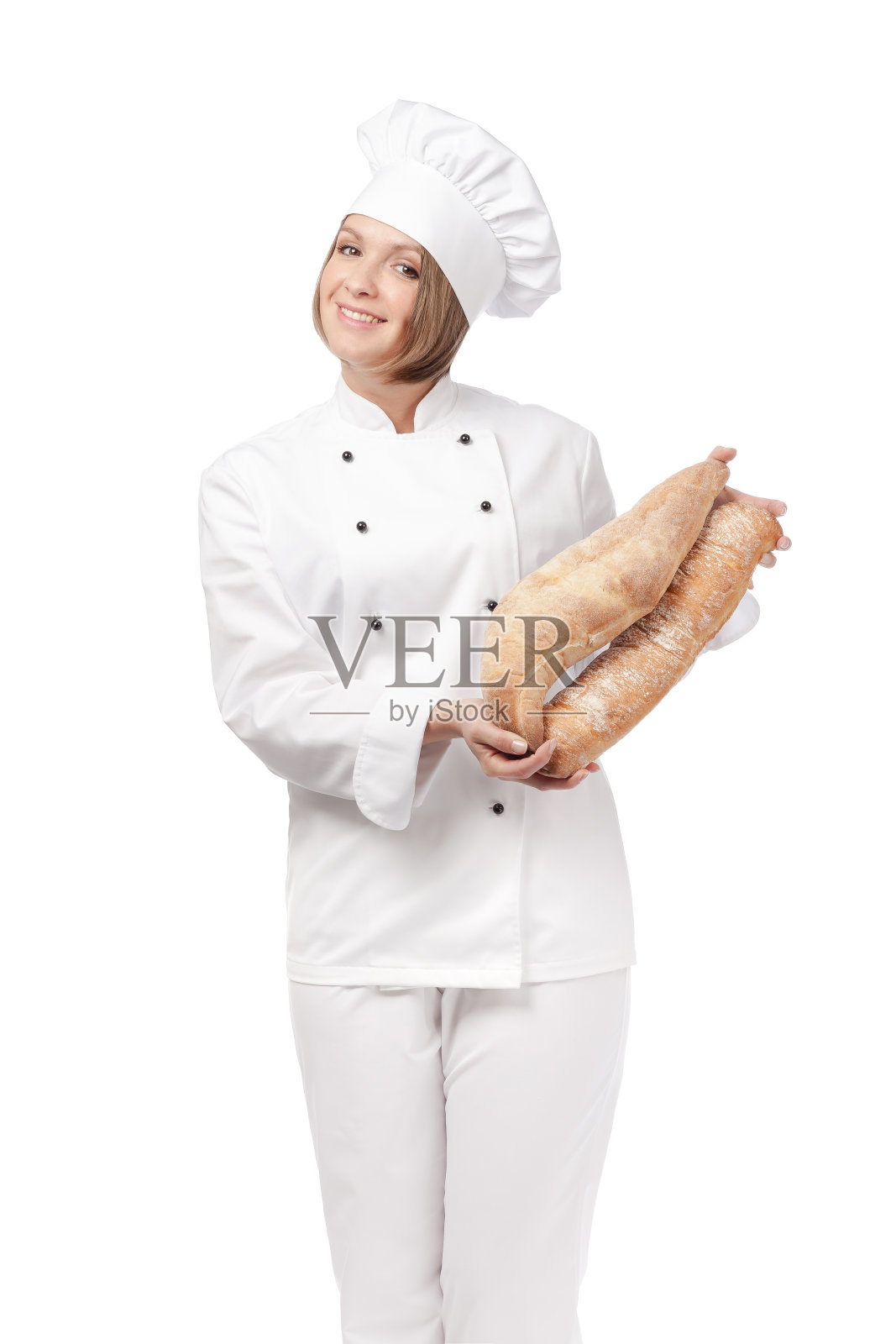 幸福女厨师孤立在白色的背景照片摄影图片