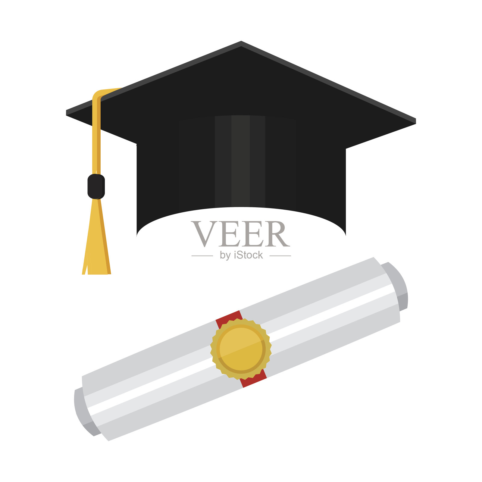 学历毕业帽孤立的背景。矢量插图在平面风格插画图片素材