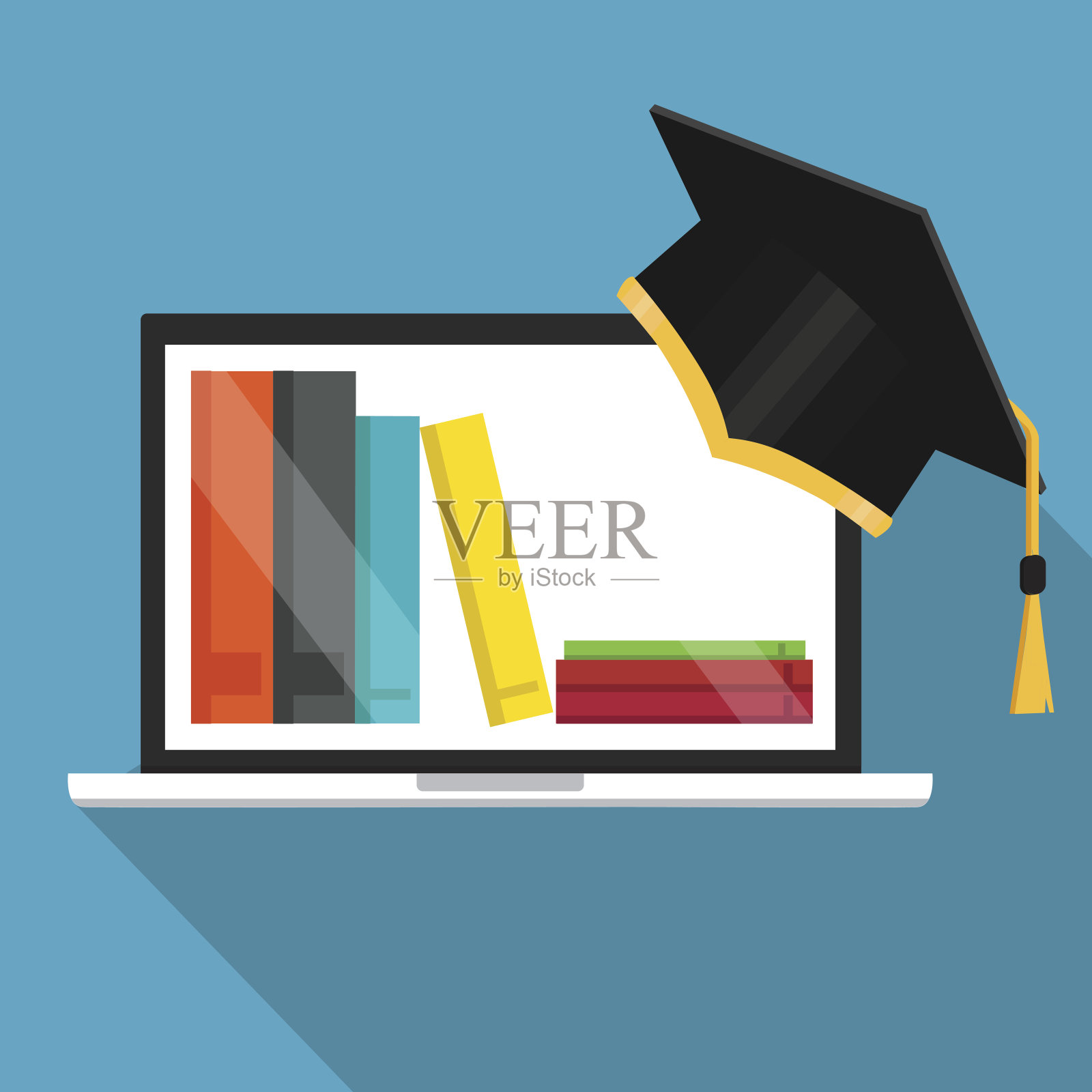 远程教育、毕业和在线学习理念。网络研讨会及视频研讨会。平面设计插图孤立在白色背景。插画图片素材