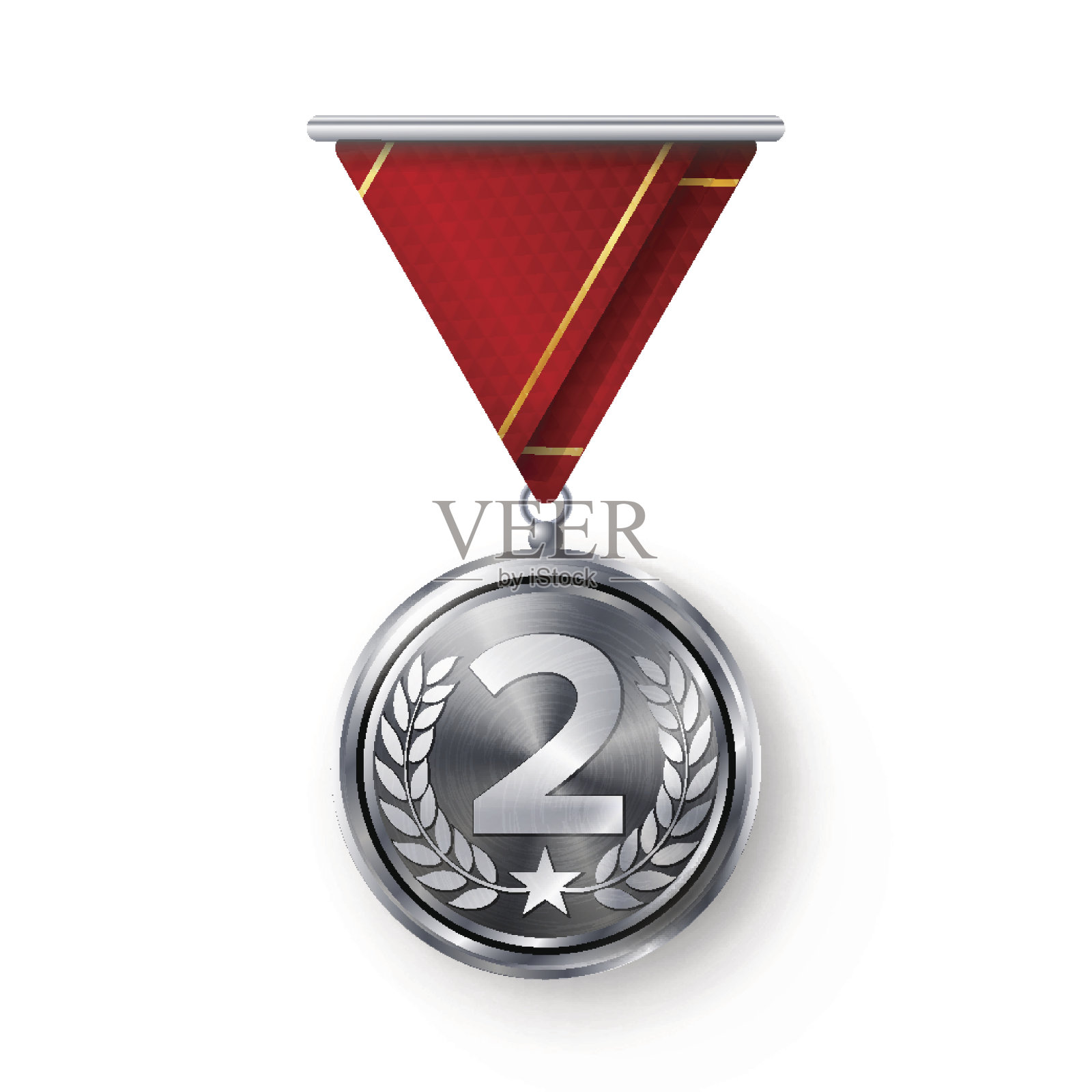 银牌向量。金属现实第二安置成就。圆形奖章与红丝带，浮雕细节月桂花环和星星。比赛游戏银牌成就。冠军奖杯奖插画图片素材