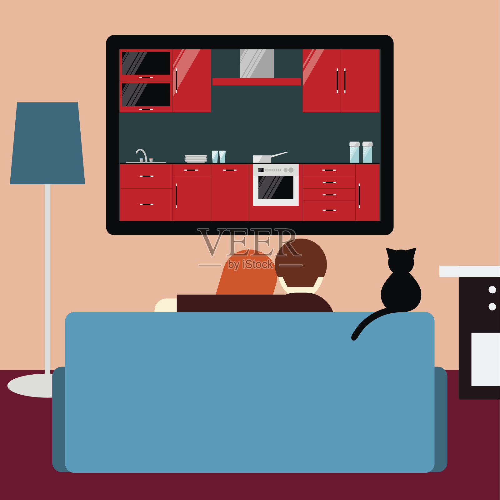 一对夫妇和一只猫在看电视插画图片素材