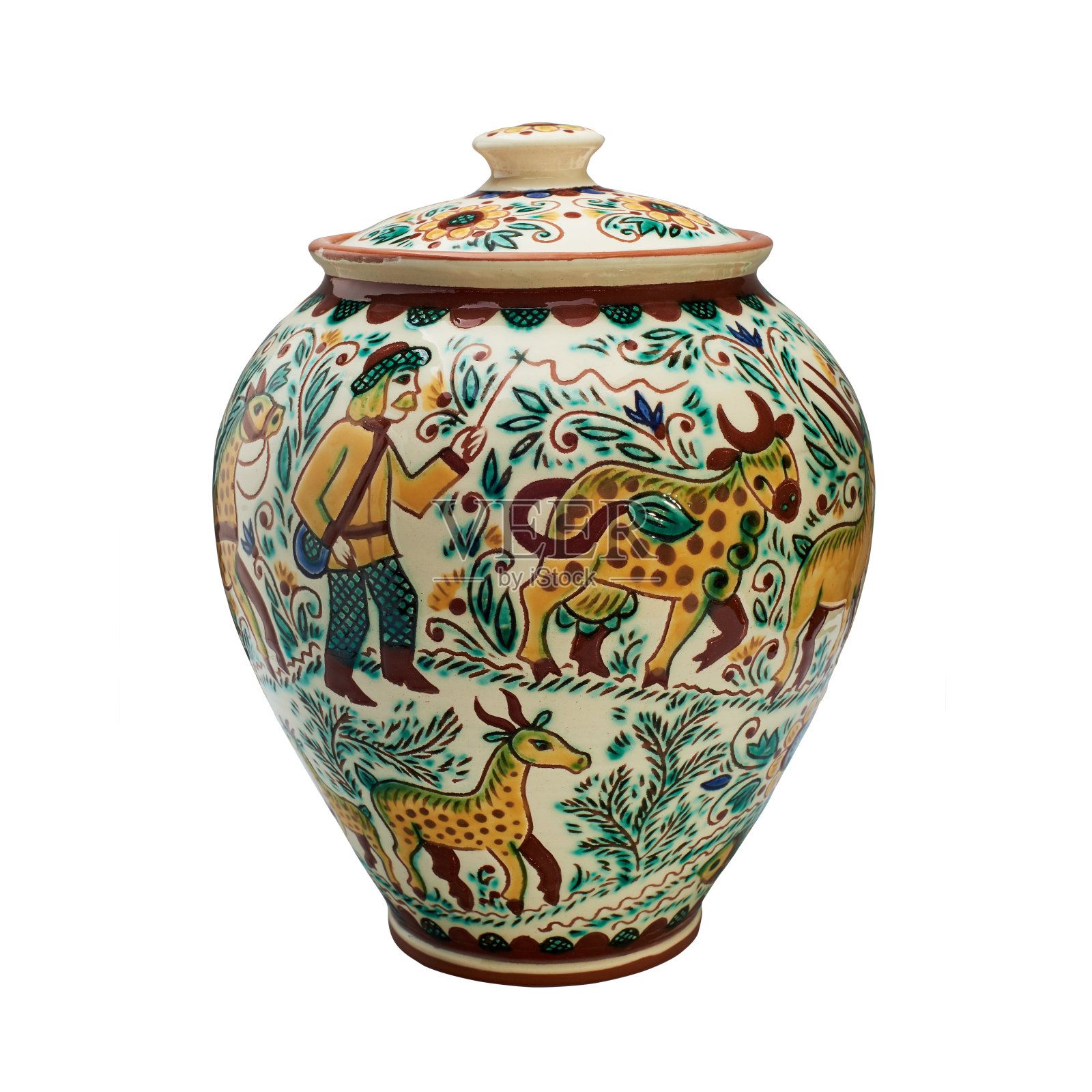 覆盖釉陶瓷手工锅。孤立在白色背景照片摄影图片