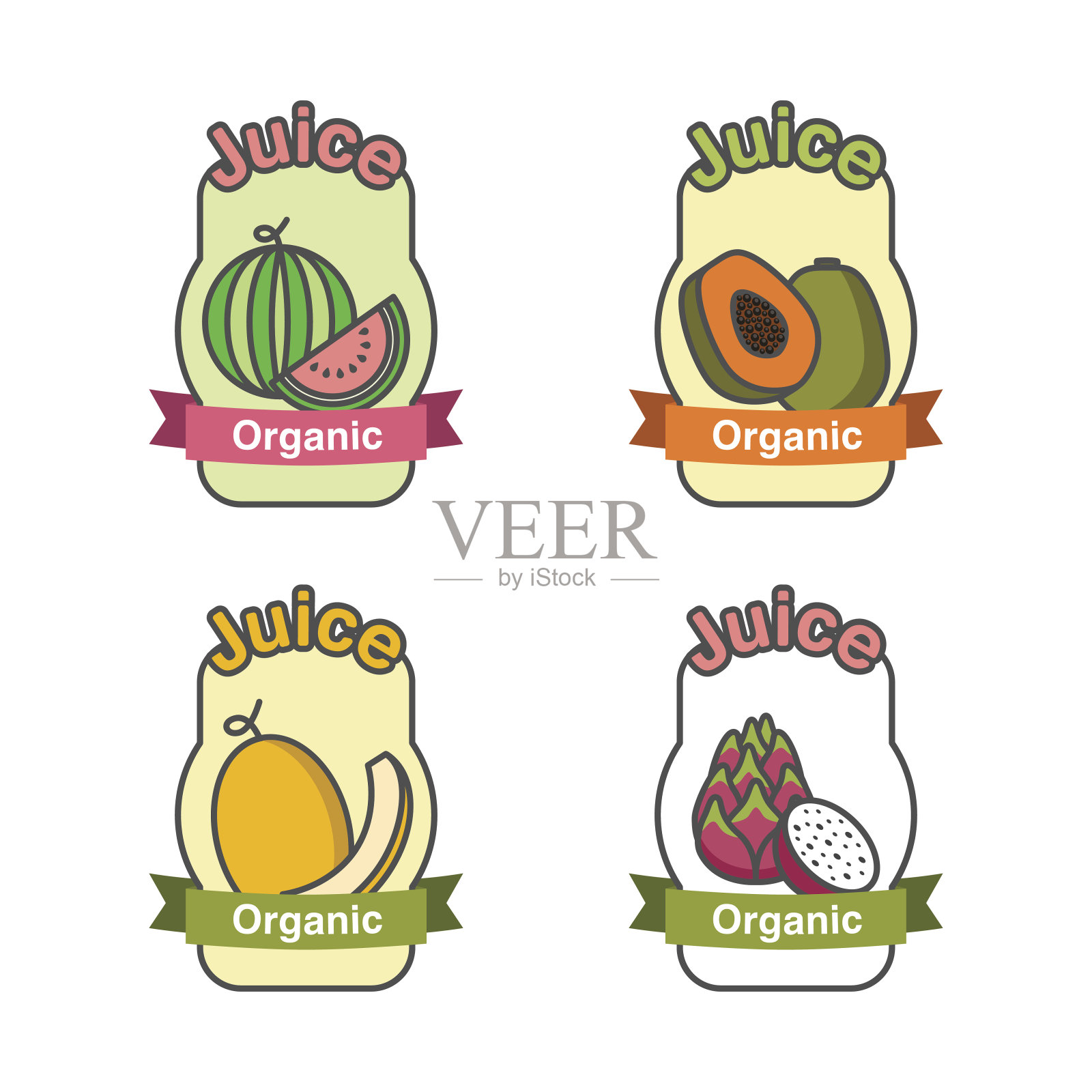 西瓜、木瓜、甜瓜和火龙果的标签。插画图片素材