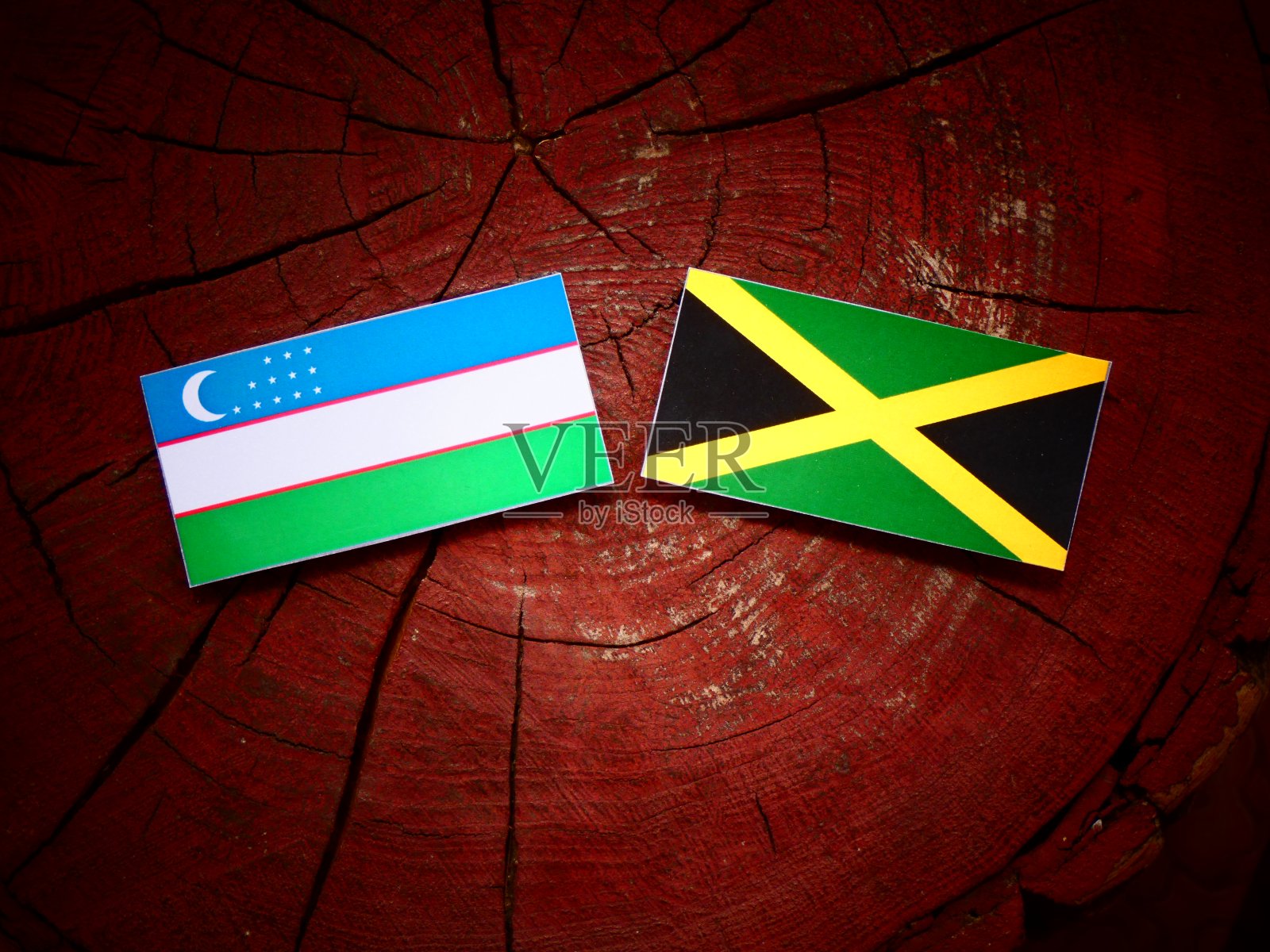乌兹别克斯坦国旗和牙买加国旗在一个树桩孤立照片摄影图片