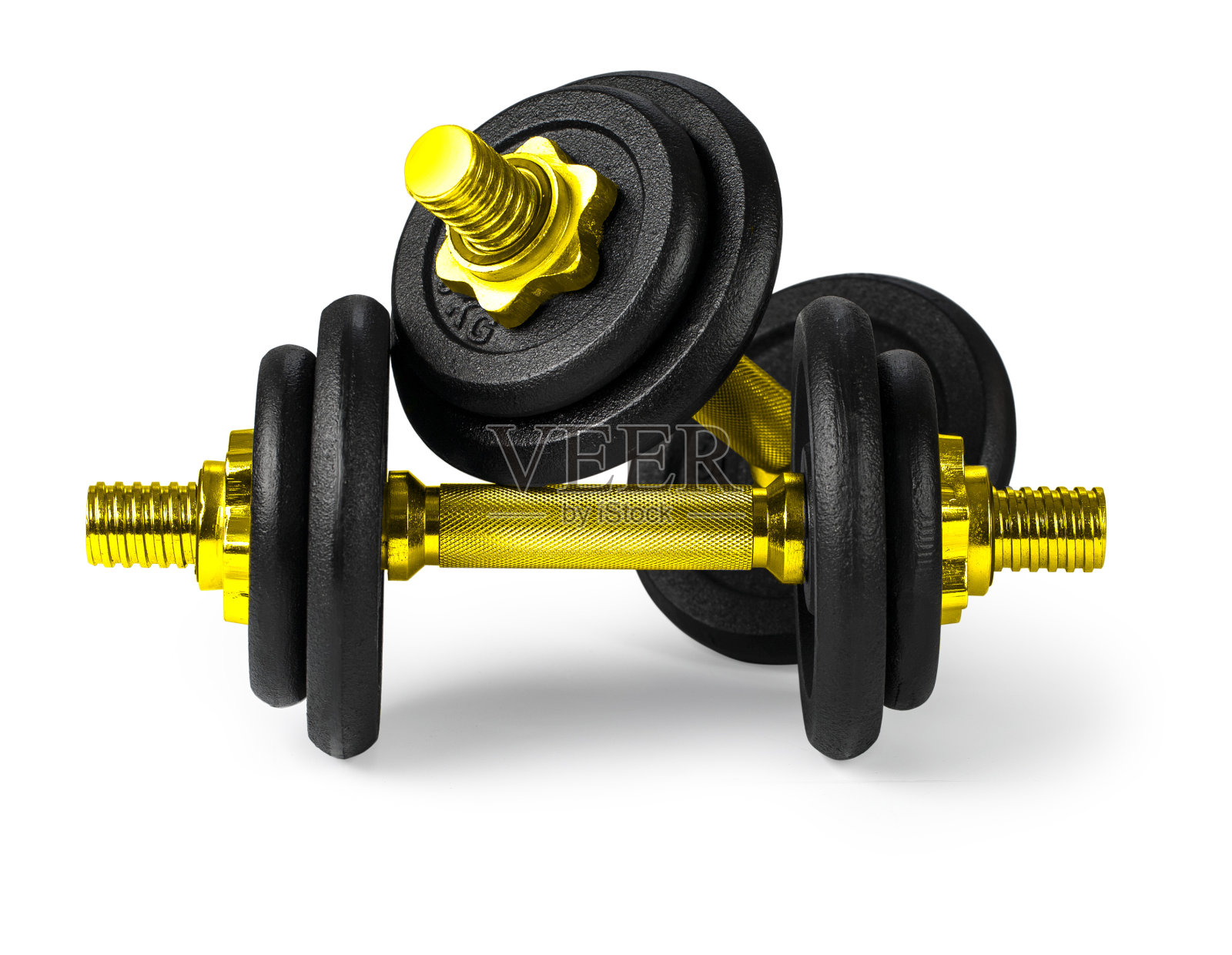 黄金哑铃与金属圆盘照片摄影图片