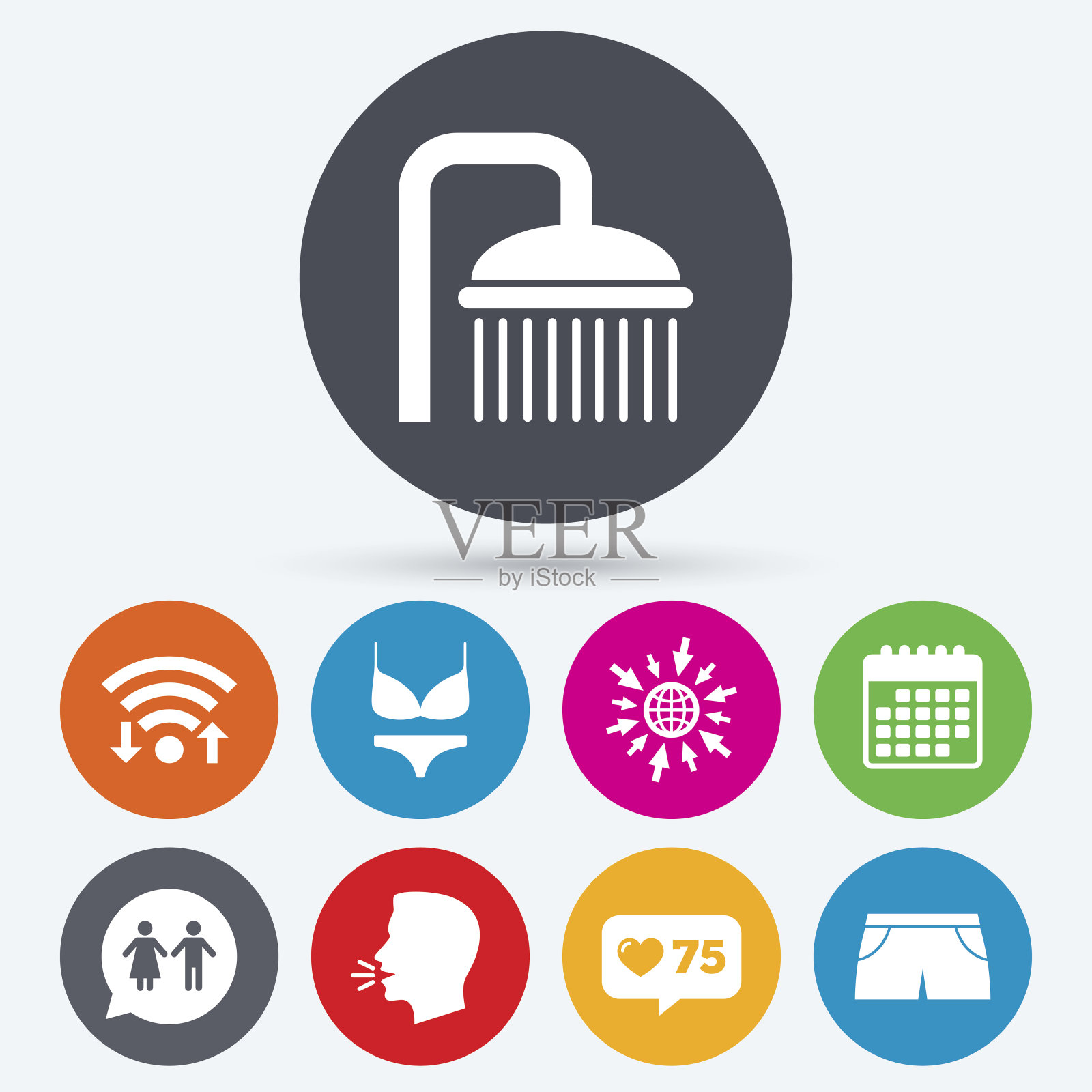 游泳池图标。淋浴和泳装标志。图标素材