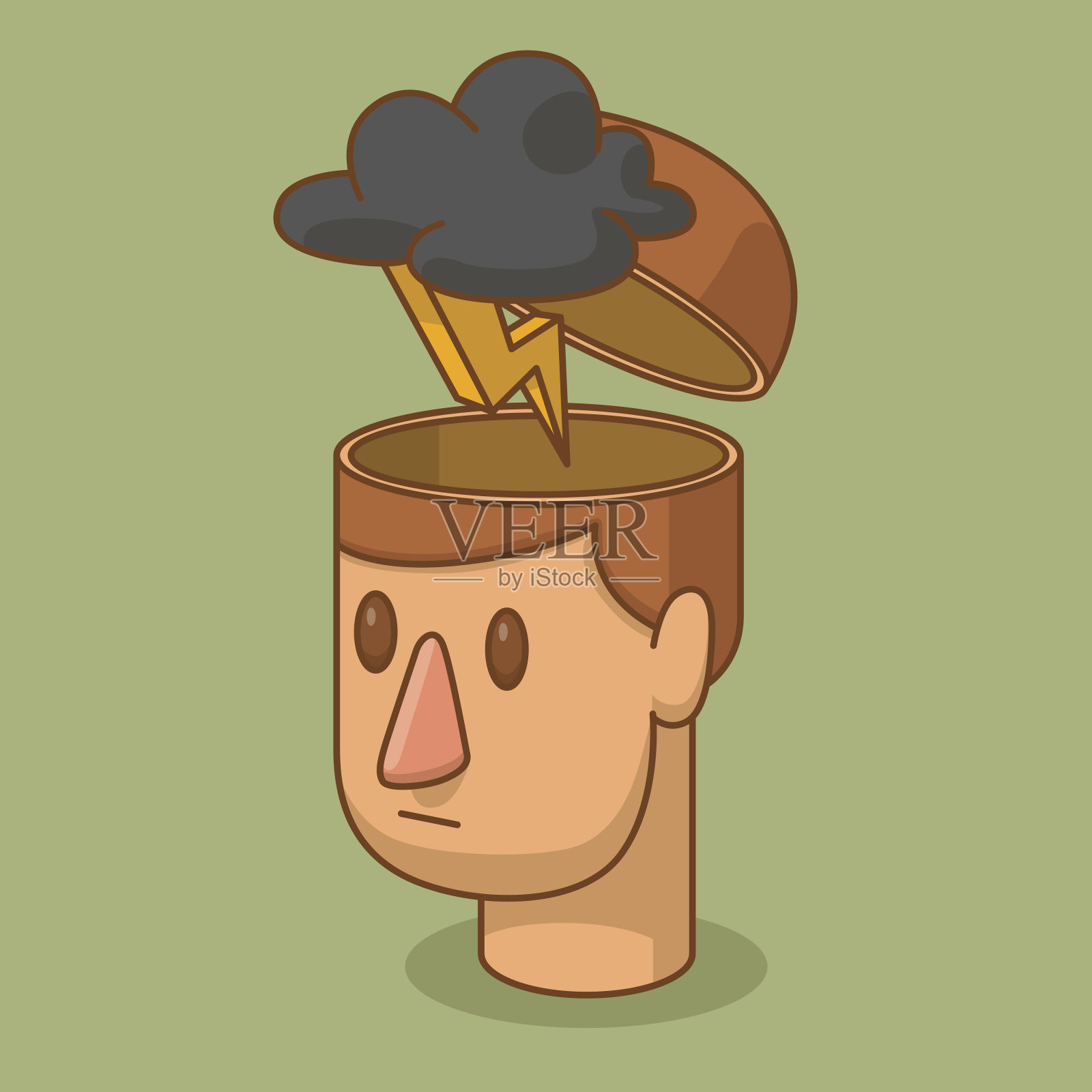 男子头部打开，乌云密布，电闪雷鸣插画图片素材