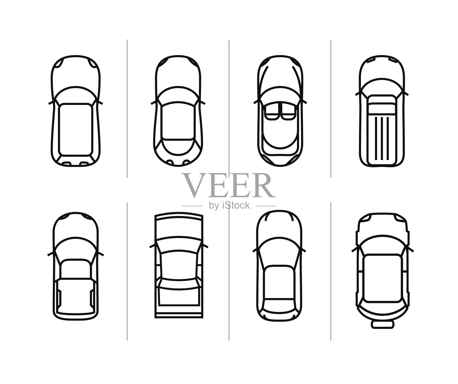 矢量设置轮廓车俯视图.汽车图标
