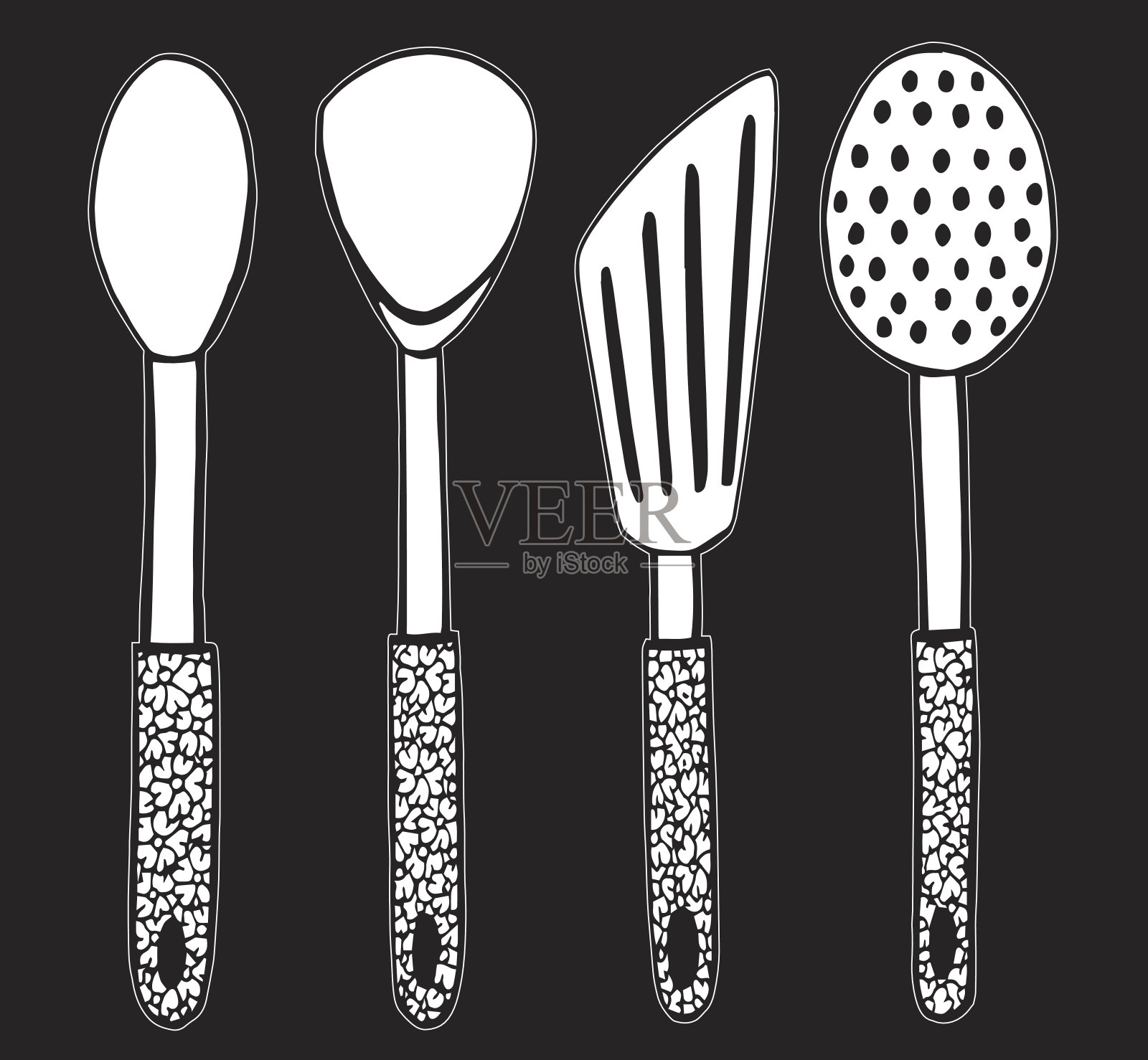 粉笔画集不同类型的厨房配件。厨房的主题插画图片素材