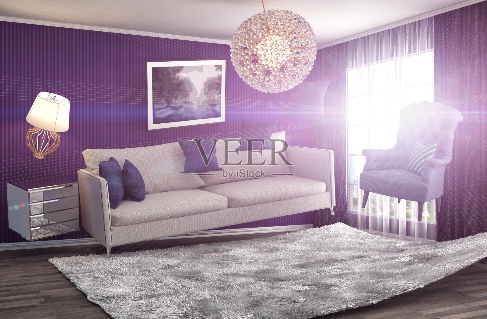 客厅里的零重力沙发。三维演示照片摄影图片