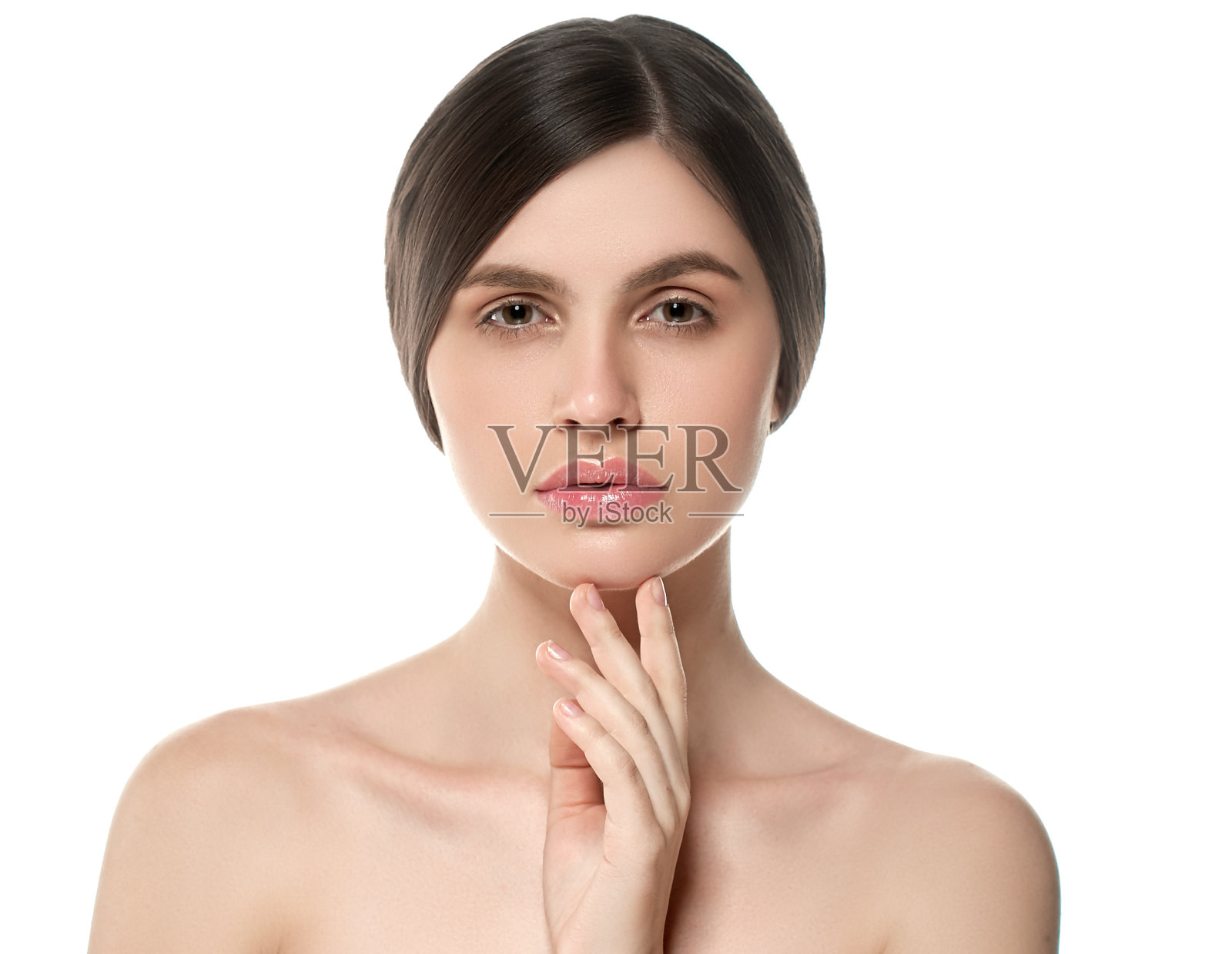 美丽的女人面部画像美丽的皮肤护理概念美丽的年轻女性模特女孩抚摸她的脸照片摄影图片