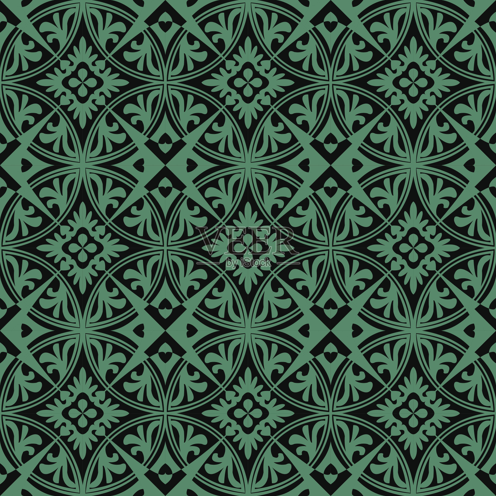 仿古无缝绿色背景皇家圆形交叉格子花插画图片素材