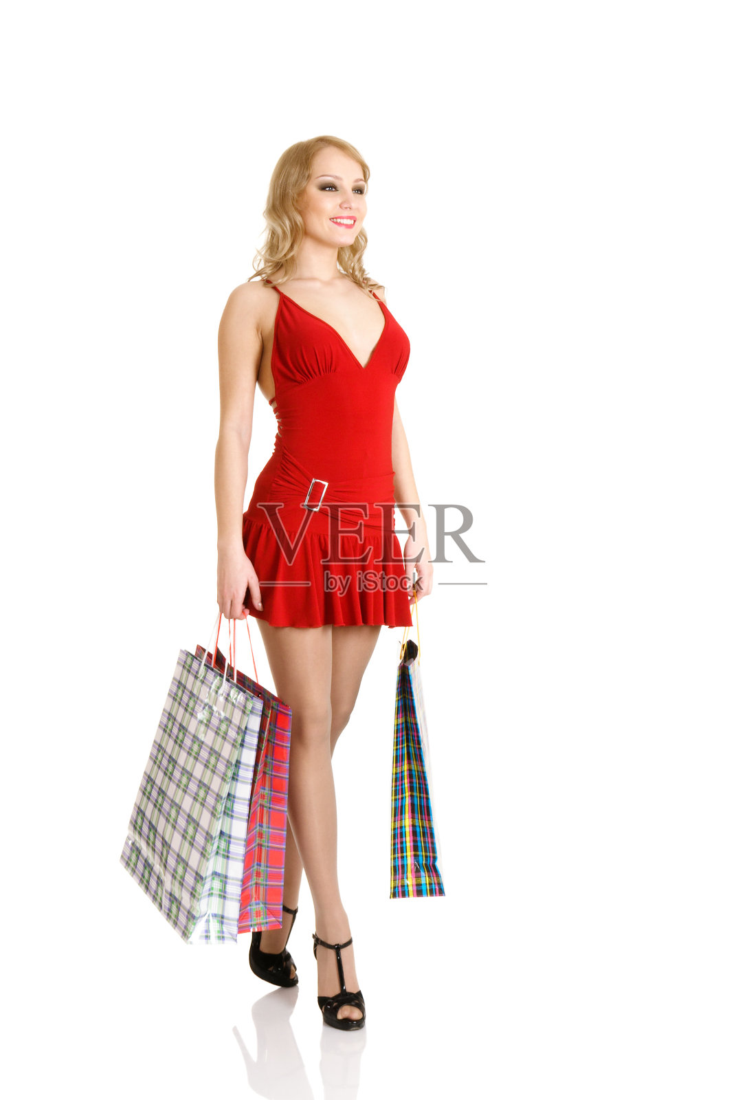 金发时尚模特在购物照片摄影图片