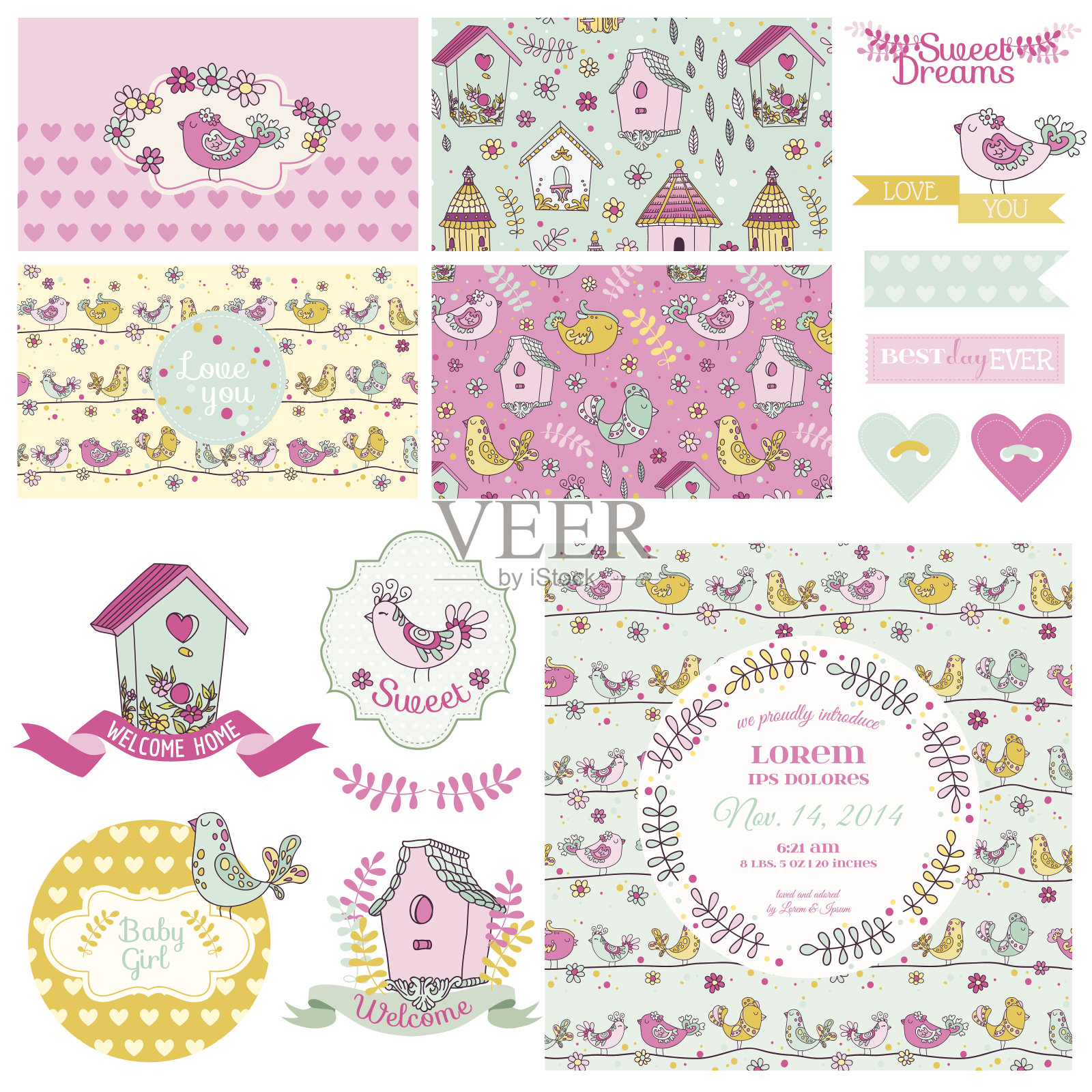 可爱的小鸟派对套装-婴儿送礼会，婚礼装饰插画图片素材