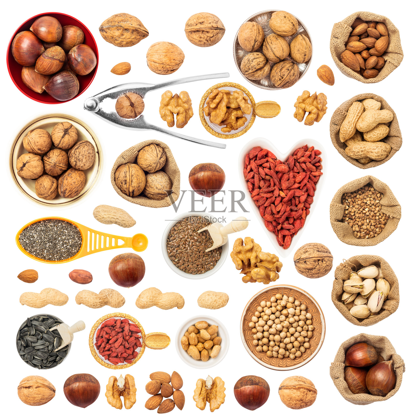 谷物，豆类，坚果和种子孤立在白色背景照片摄影图片