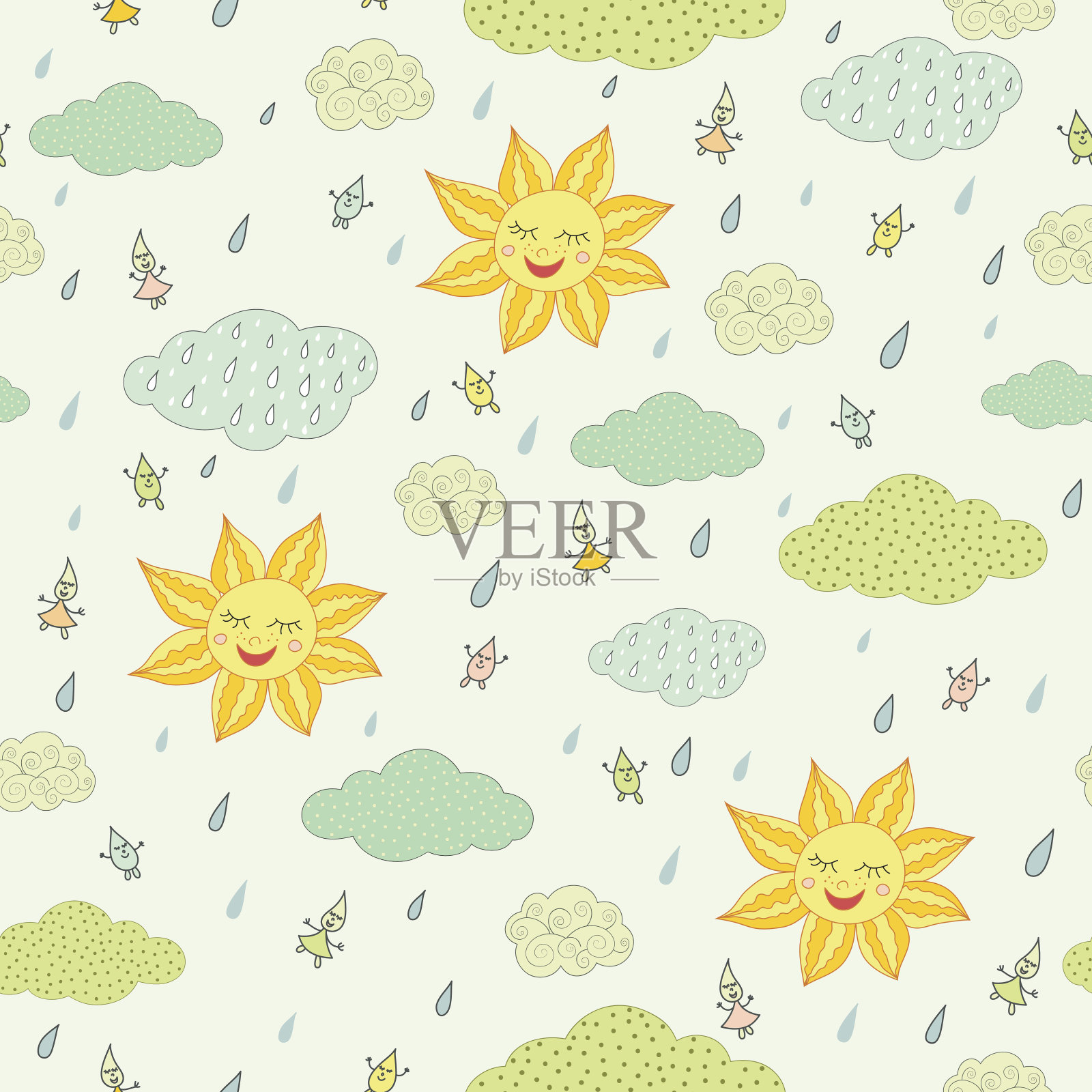 无缝背景与太阳和云。插画图片素材