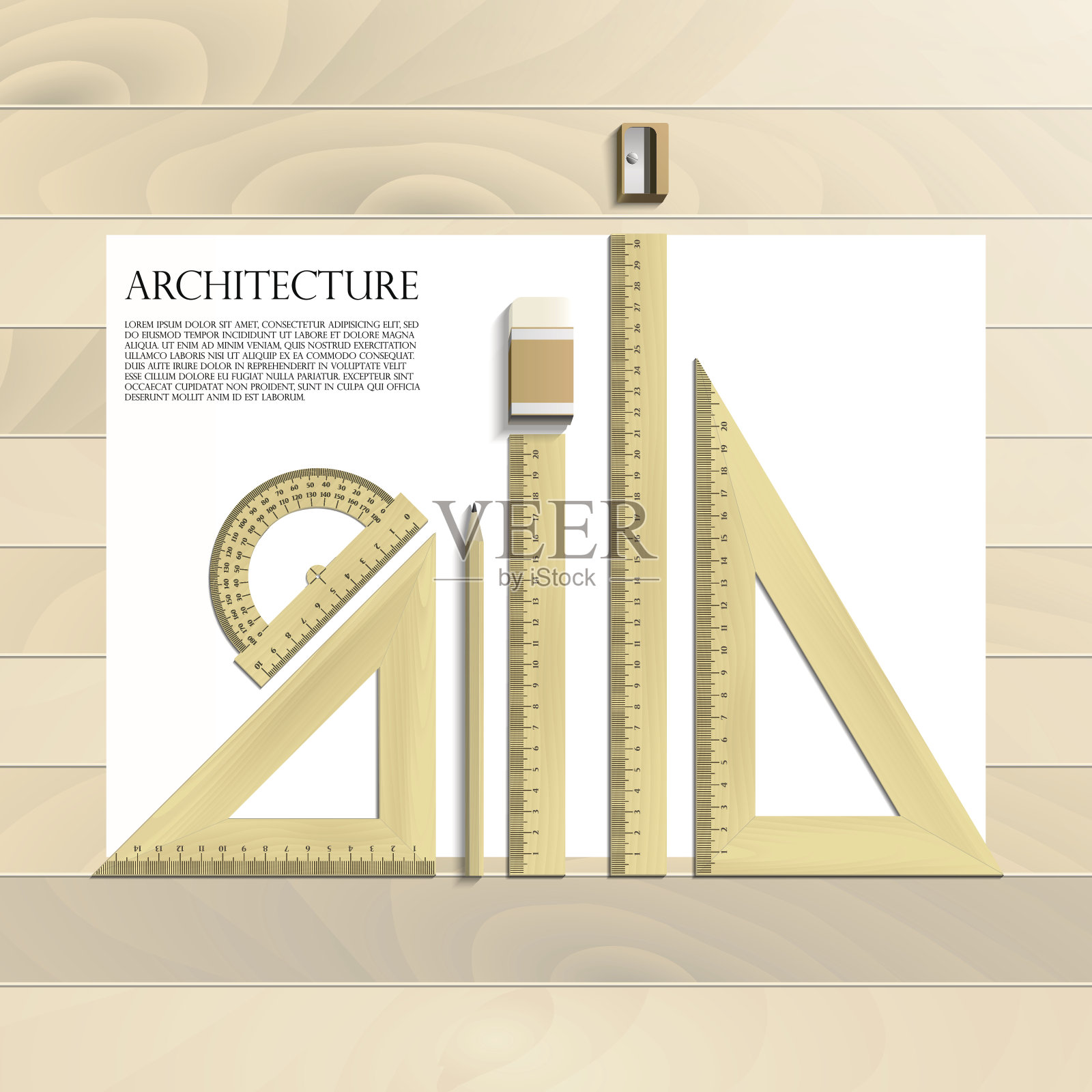 工作场所艺术板，纸，尺子，量角器，铅笔，橡皮和卷笔刀现实上的木制背景插画图片素材