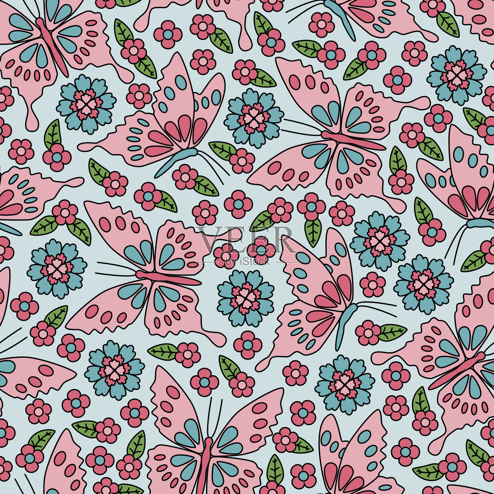 无缝图案与花和蝴蝶插画图片素材