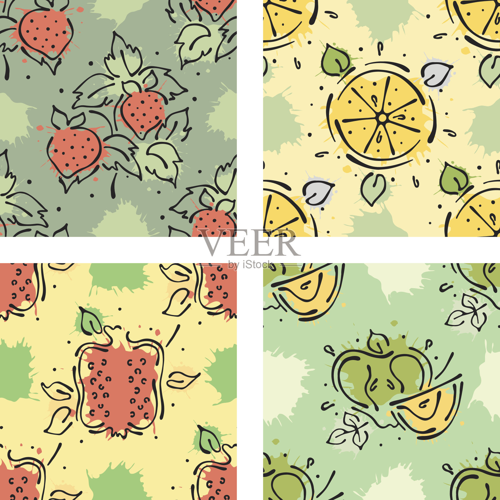 矢量水果无缝图案草莓，浆果，苹果，石榴，柠檬与树叶，斑点滴飞溅手绘轮廓线和笔触涂鸦素描风格图形矢量绘图插图插画图片素材