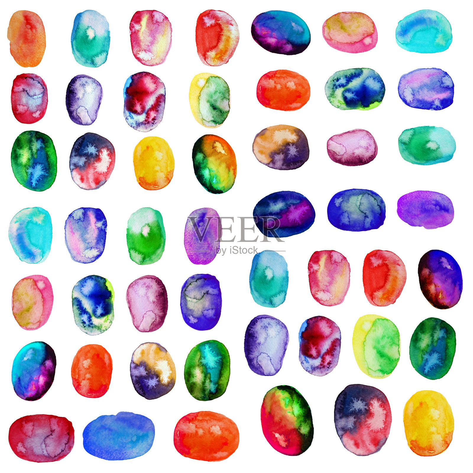 说明。。彩色水彩飞溅孤立的白色背景。彩虹的屁股。手绘几何元素。明亮和青少年。刷油漆。一组17个点。插画图片素材