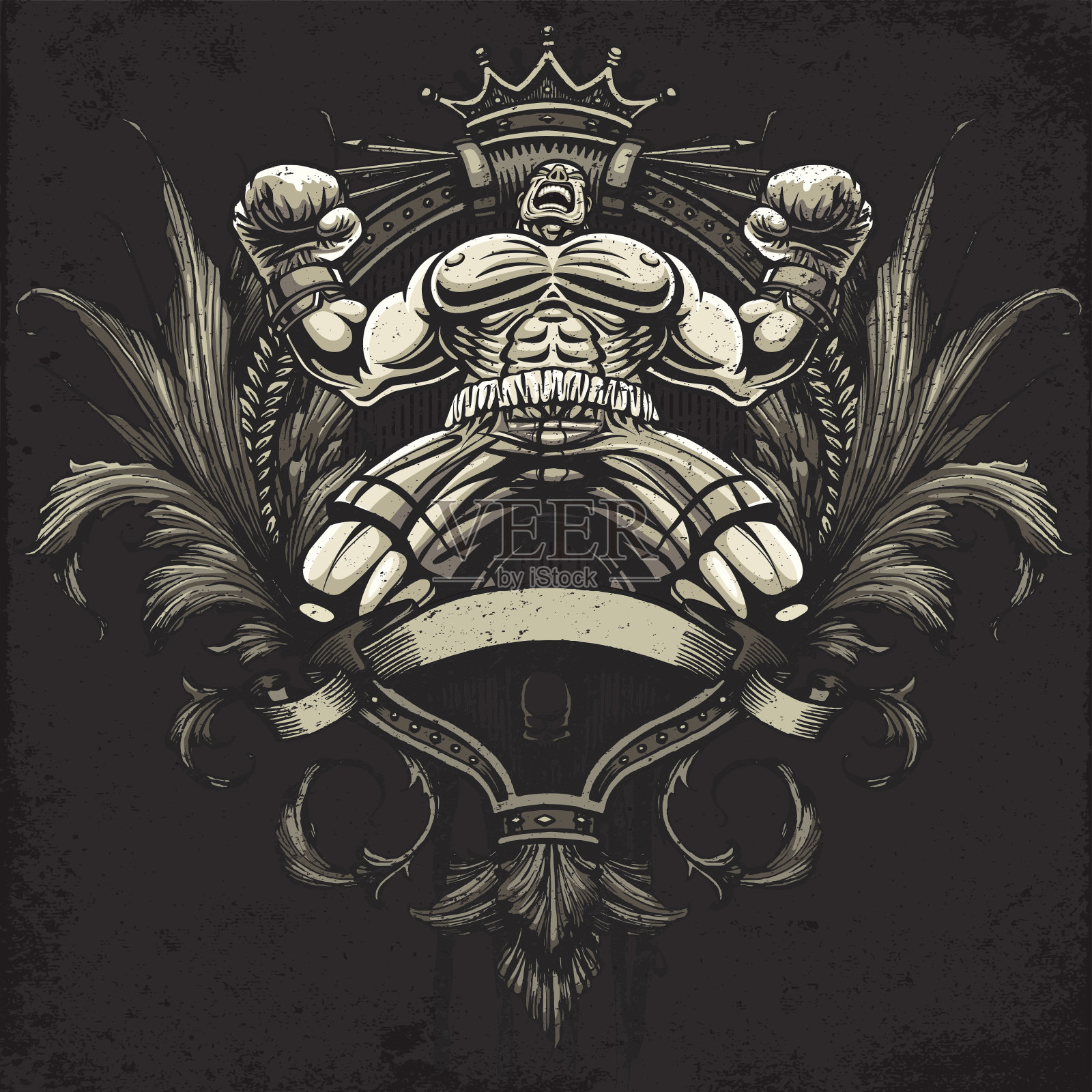 拳击手庆祝赢得冠军战斗:纹章纹章版插画图片素材