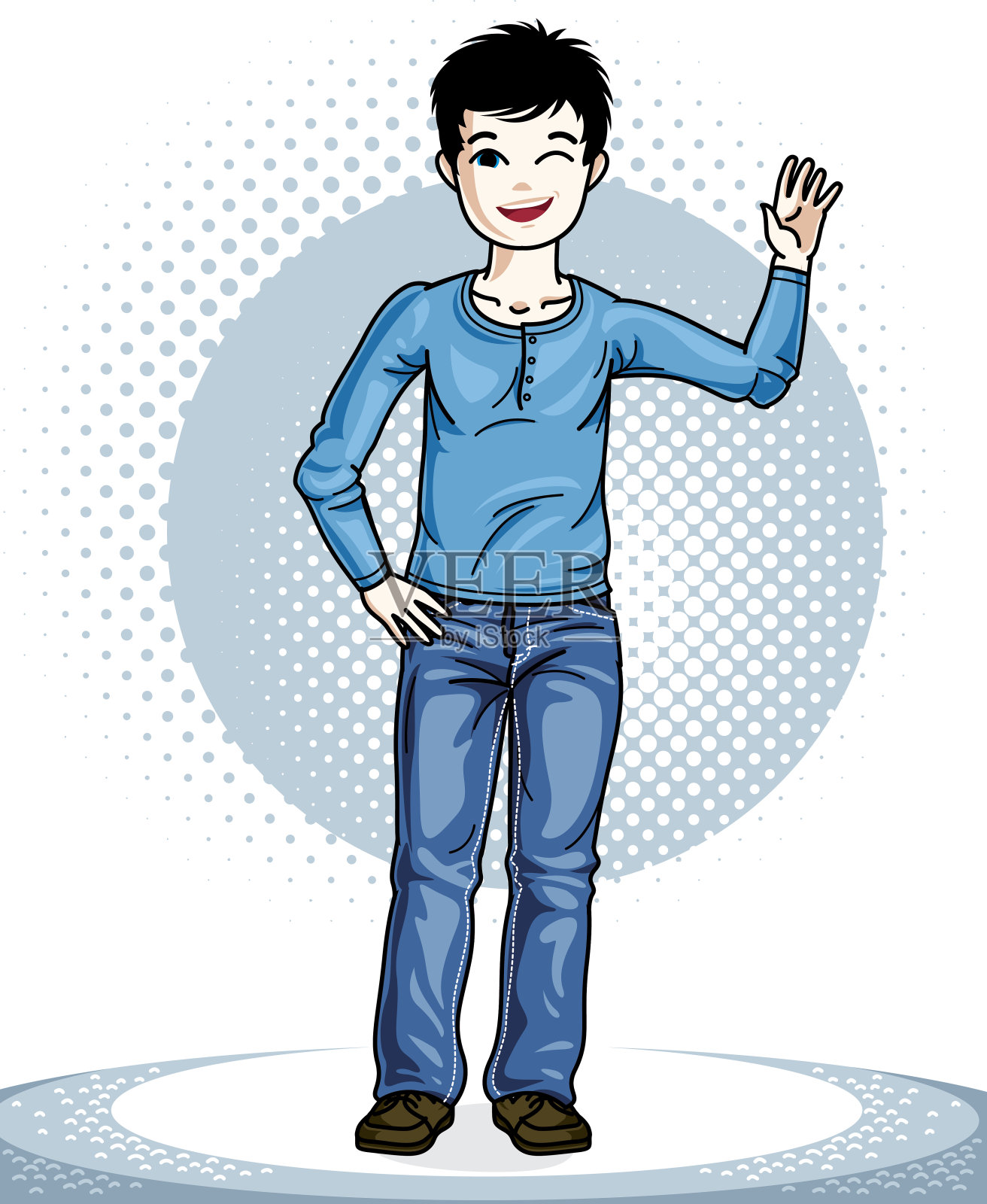 可爱的小男孩少年穿着时尚休闲装站在那里。向量的孩子说明。童年生活方式的卡通。设计元素图片