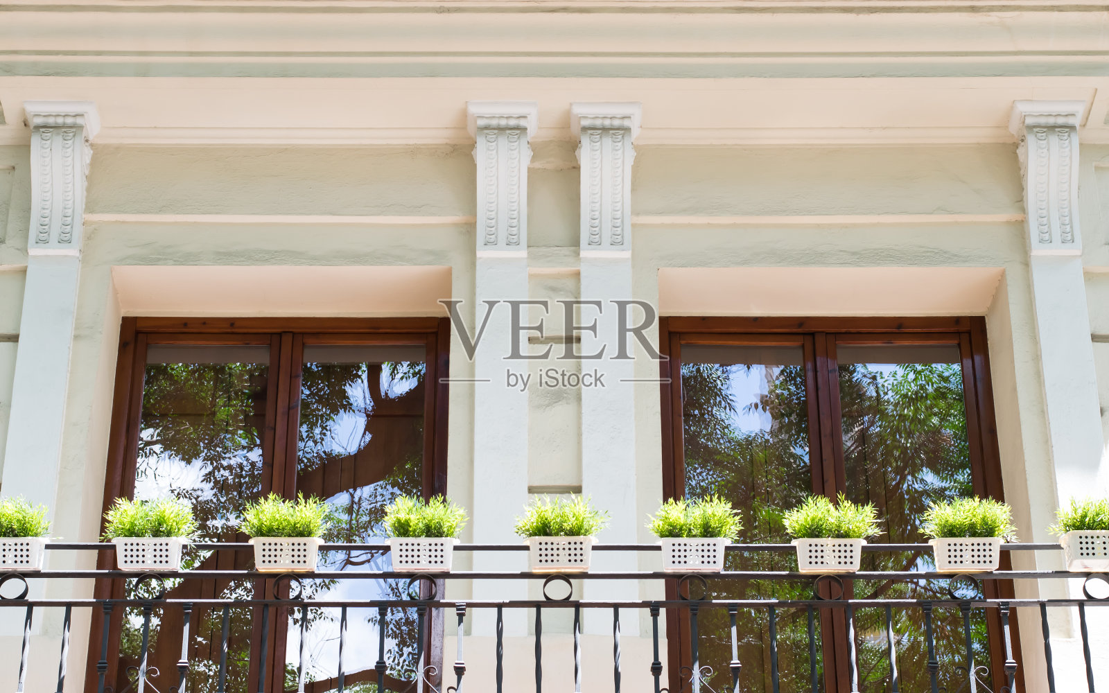 阳台上有两扇带植物的窗户。照片摄影图片