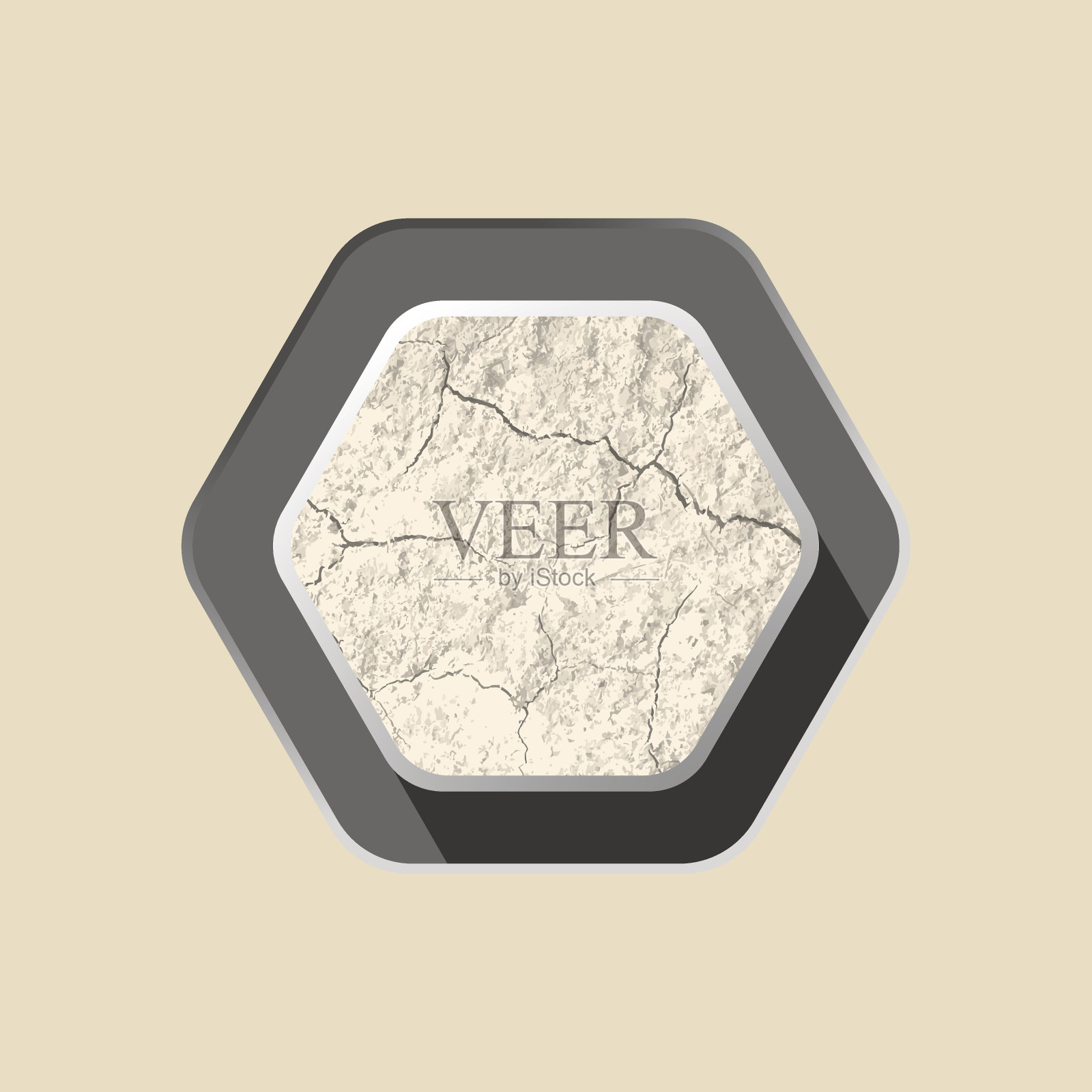 矢量空白的平面六边形图标与纹理裂缝的地面和阴影在灯光背景。插画图片素材