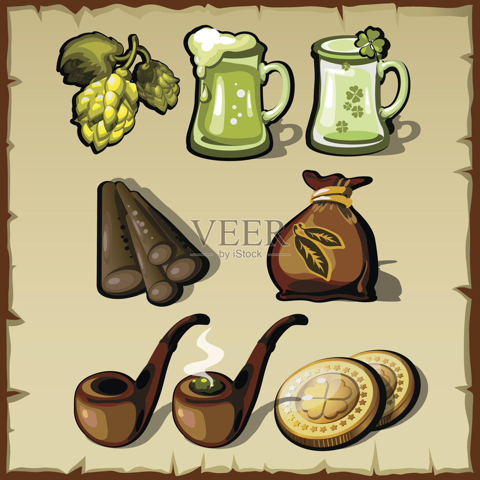 一套复古的爱尔兰象征，熊，烟草插画图片素材