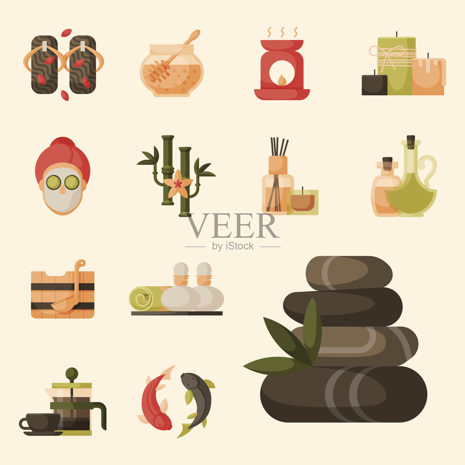 美丽的女人水疗治疗的矢量插图，美容程序健康的图标图标素材