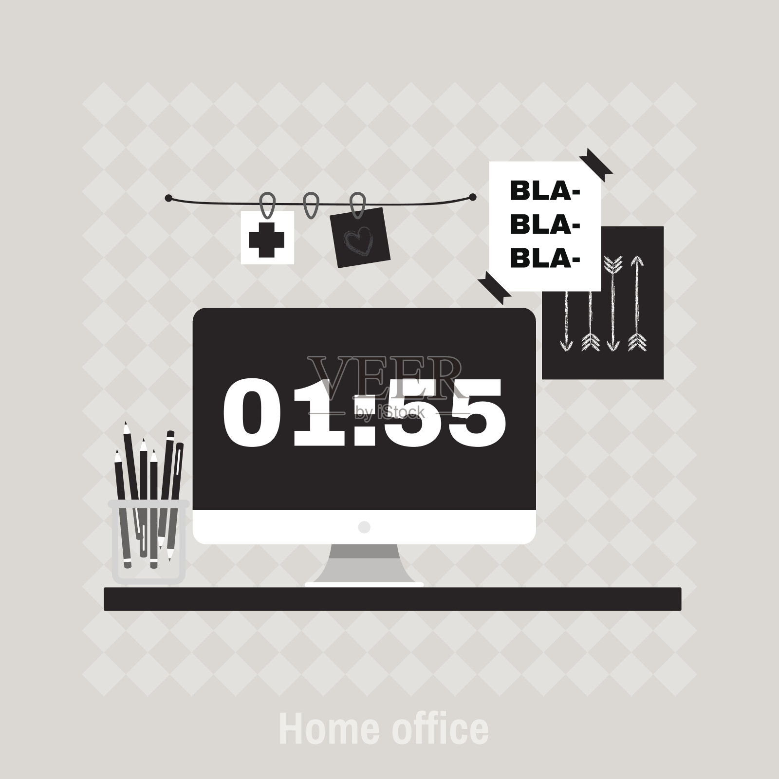 潮人家庭办公室工作场所的平面矢量插图。插画图片素材