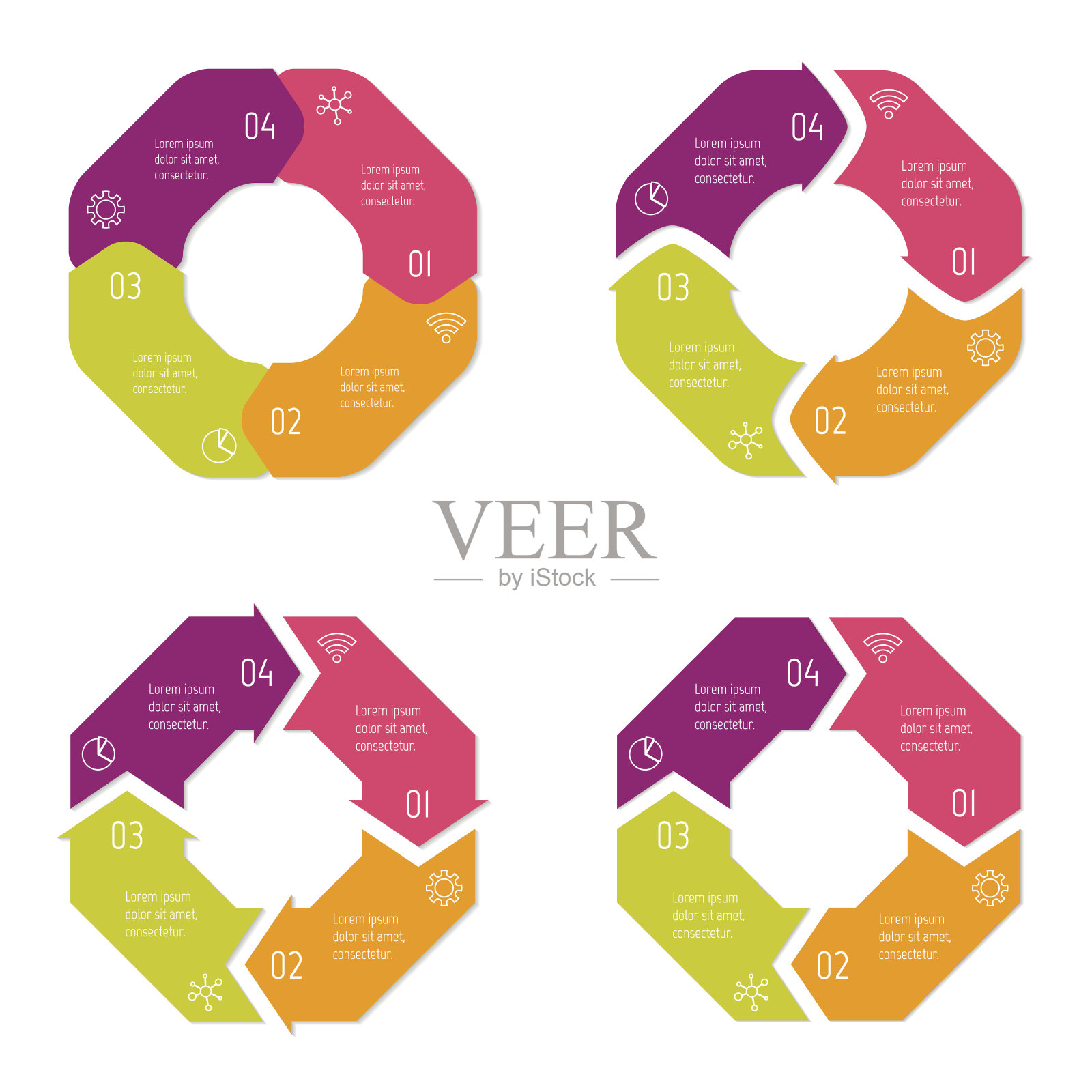 四连通多边形信息图集。有4个选项的圆形图表。论文进展步骤教程分为4部分。孤立的业务概念序列横幅。EPS10工作流布局。插画图片素材