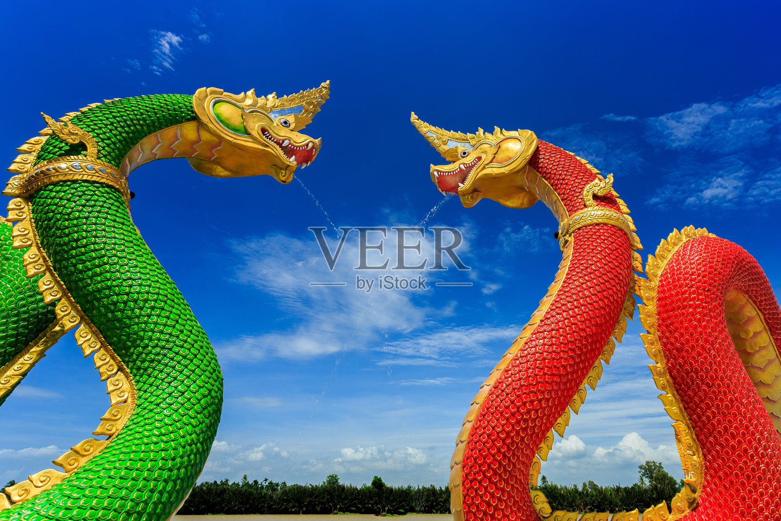 泰国人在参观纳迦国王雕像或泰国龙在萨曼塔纳拉姆寺，在哈乔戈骚，泰国。照片摄影图片