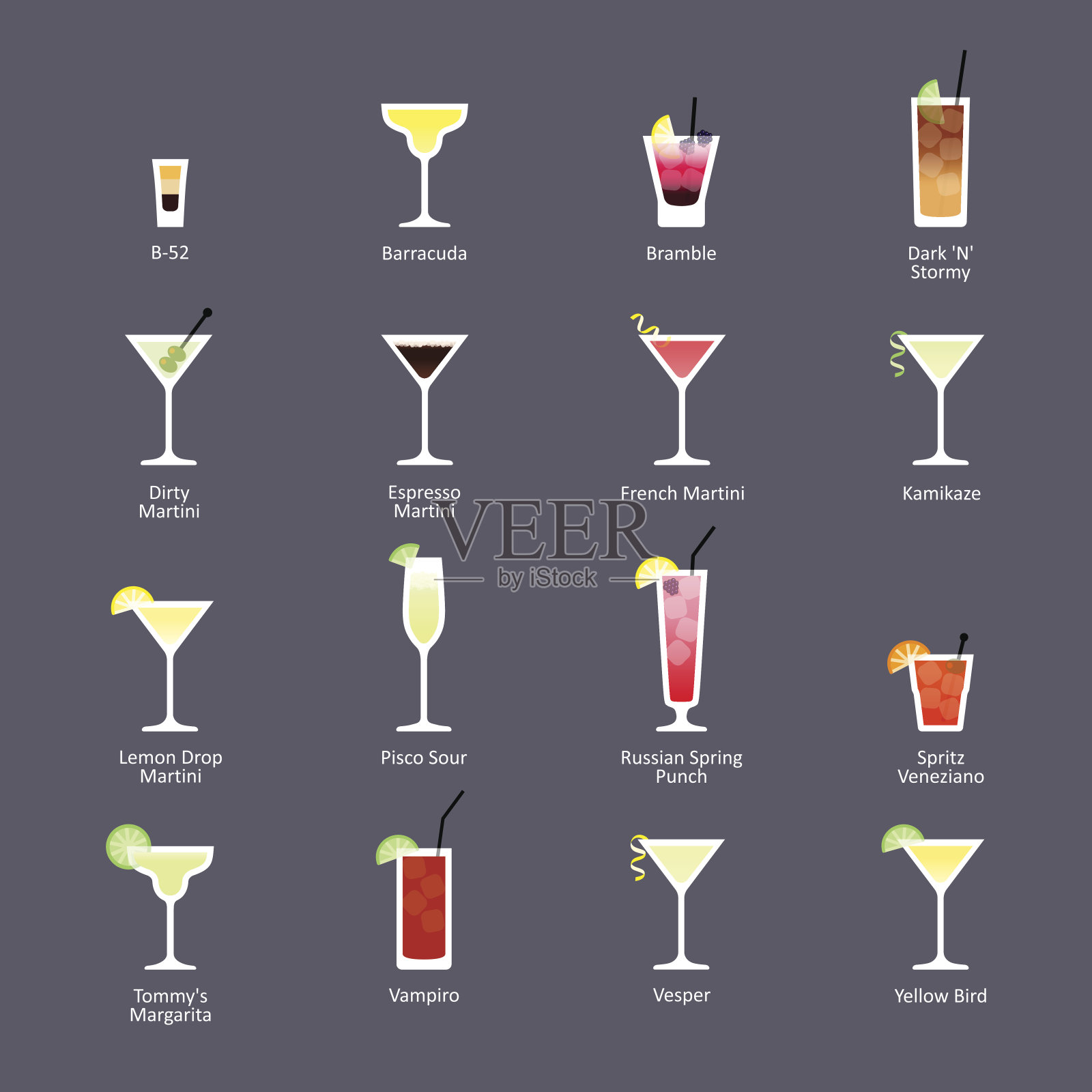 酒精鸡尾酒，IBA官方鸡尾酒新时代饮料。图标设置在黑暗的背景平风格插画图片素材