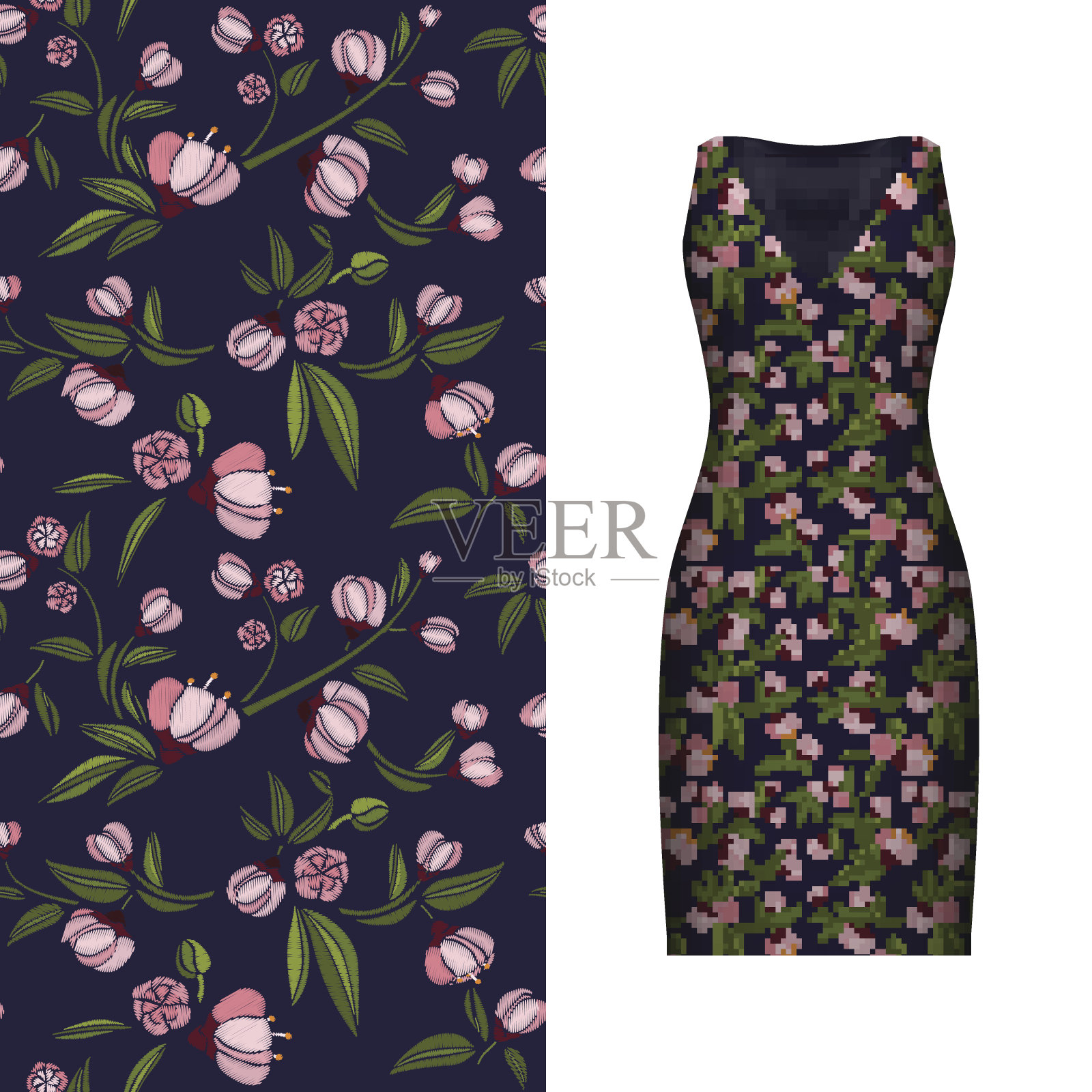 叶子和玫瑰花卉刺绣矢量无缝图案插画图片素材