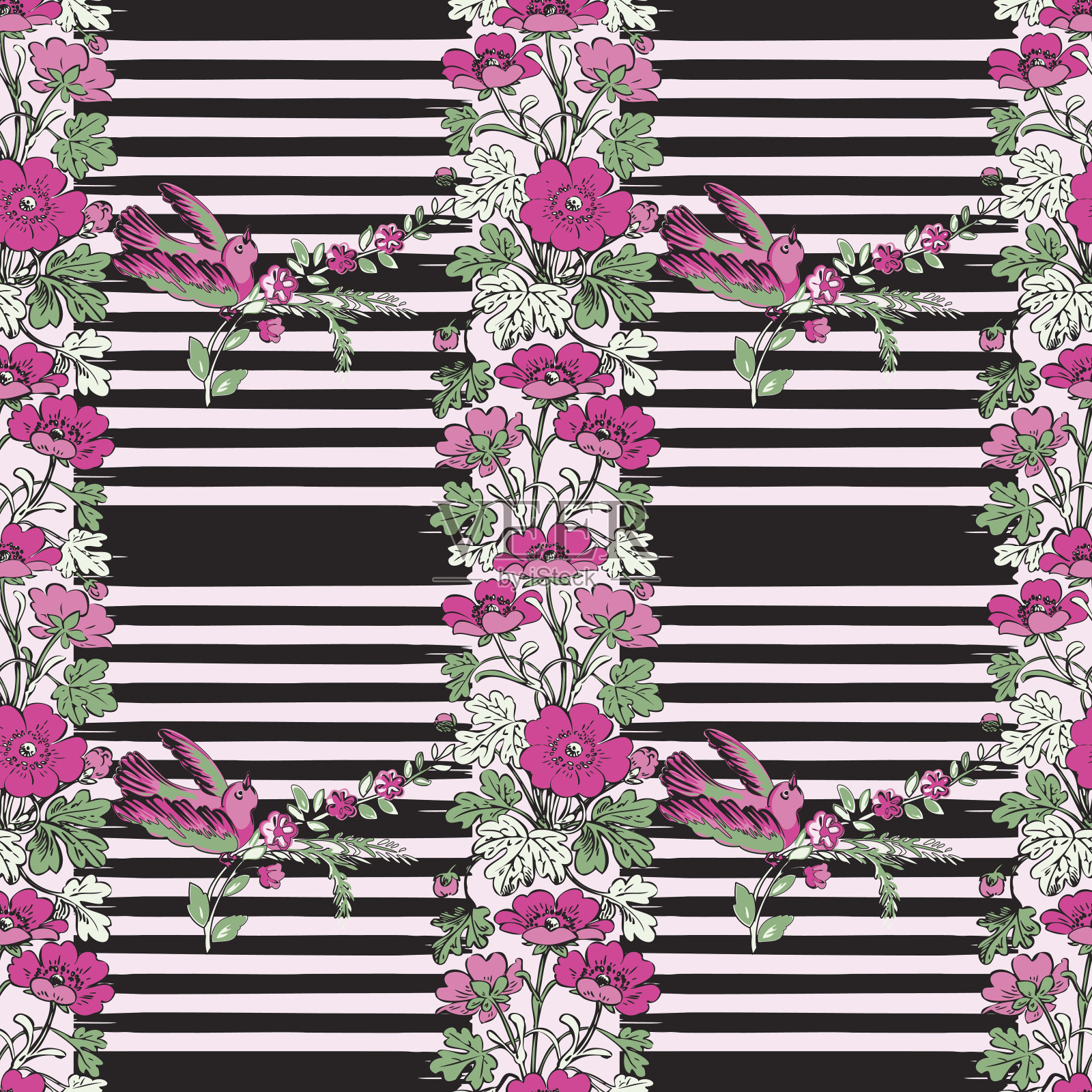 无缝异域飞鸟与植物边框，热带花卉印花条纹图案几何复古背景矢量设计，时尚衬衫纺织品贺卡请柬婚礼插画图片素材