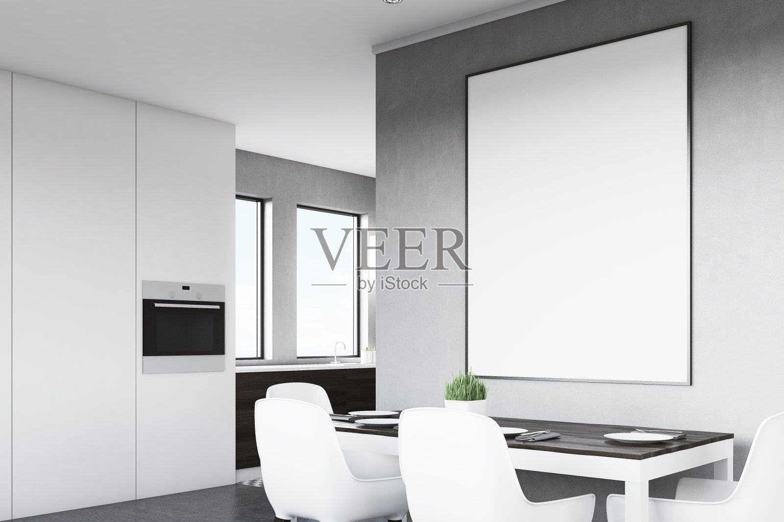 灰色厨房的侧视图与海报照片摄影图片