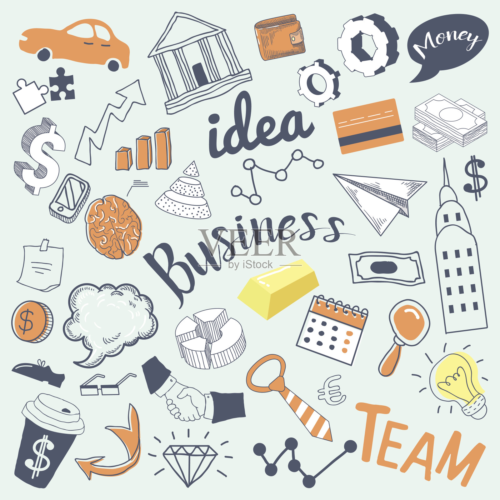 商业创意手绘涂鸦。创意金融元素与金钱，手和信息图表插画图片素材