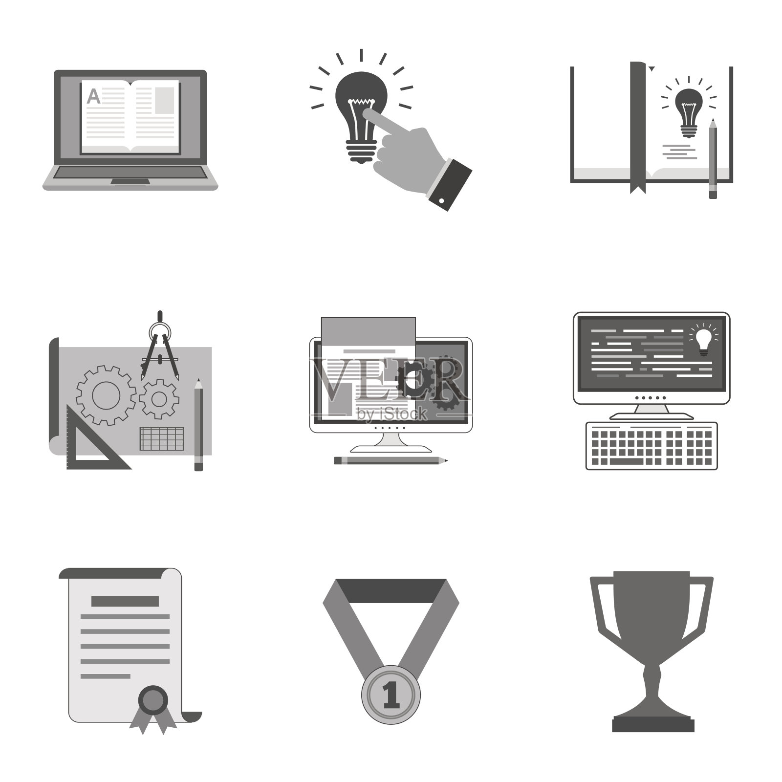 一套教育图标和符号在流行的平面风格孤立的白色背景。图标素材