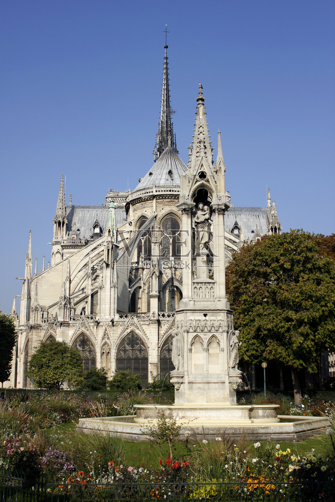 巴黎圣母院后的花园照片摄影图片