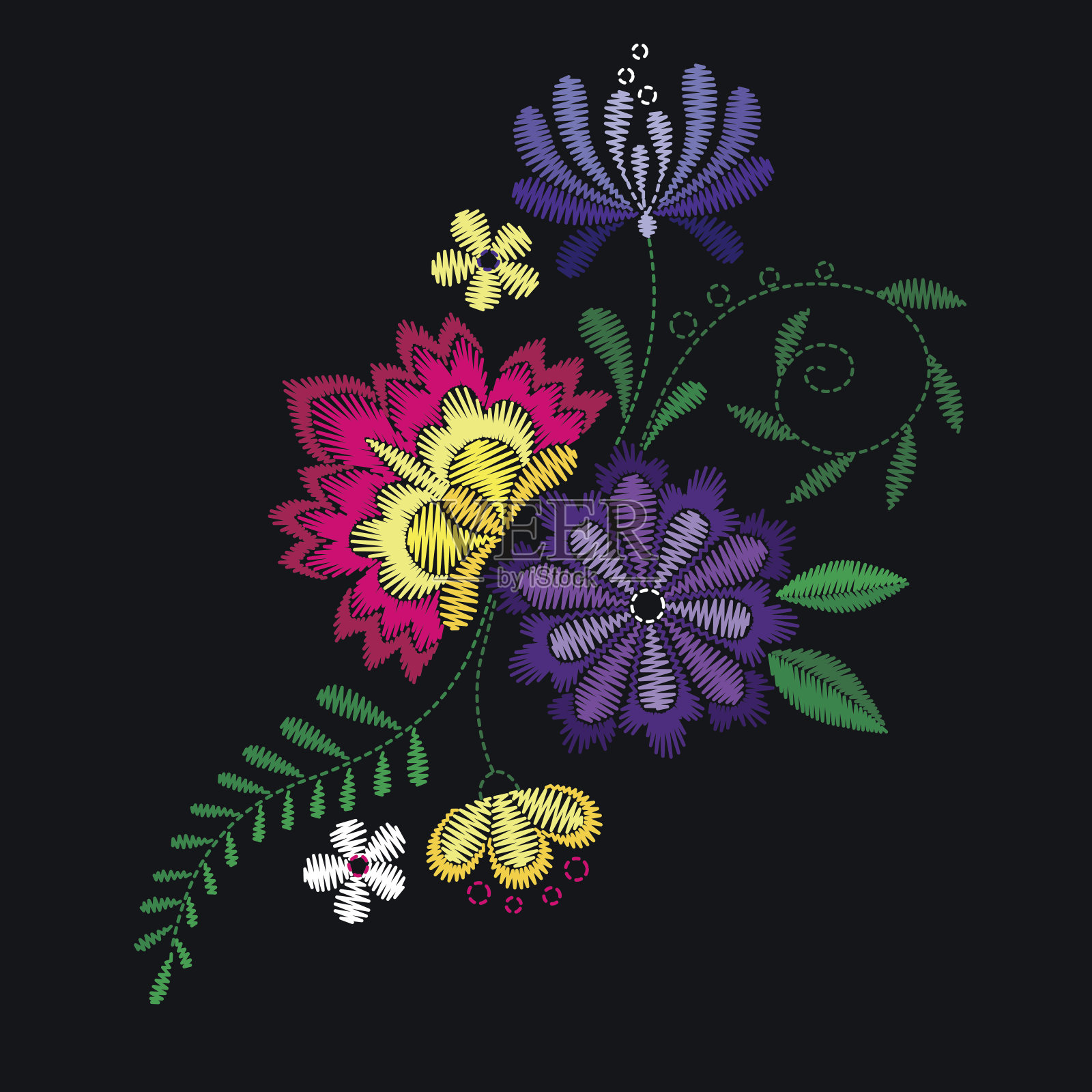 矢量设计领t恤和衬衫。花色艳丽的民族花卉颈线。刺绣为时尚。插画图片素材