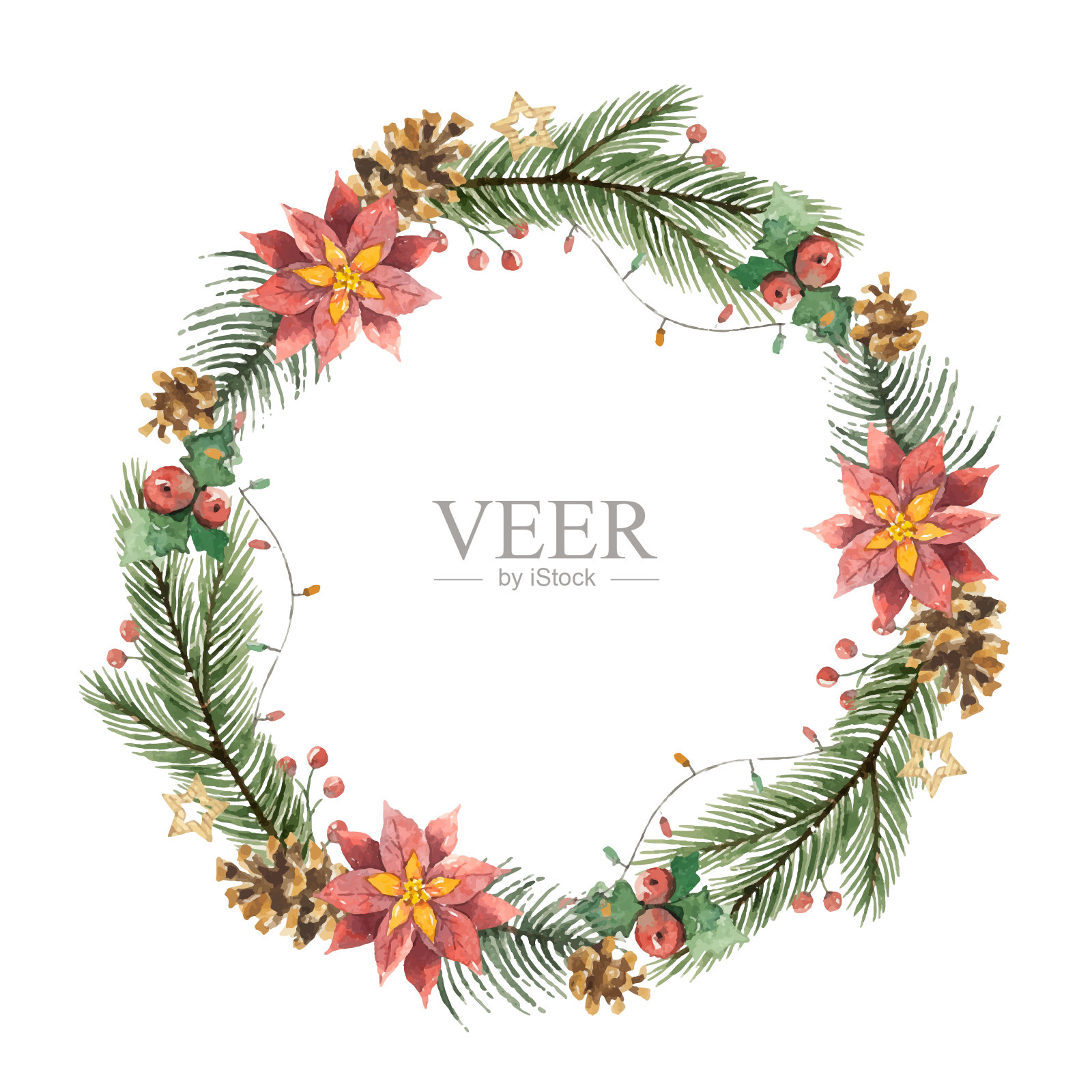 水彩圣诞节边框：冷杉树枝和一品红花插画图片素材