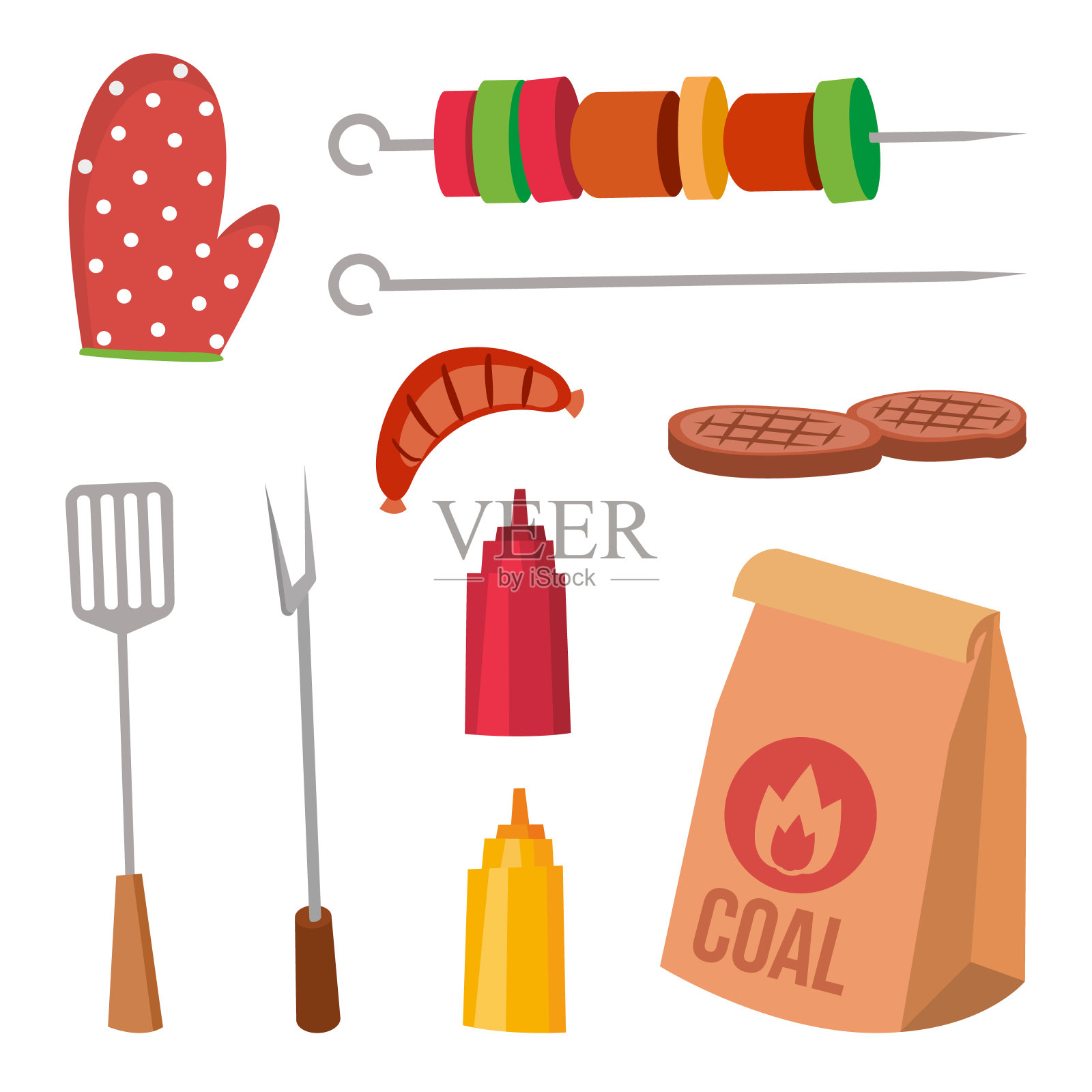 BBQ配件设置矢量。采购产品酱，芥末，叉子，煤，手套，牛排，烤串，香肠。孤立的卡通插图插画图片素材